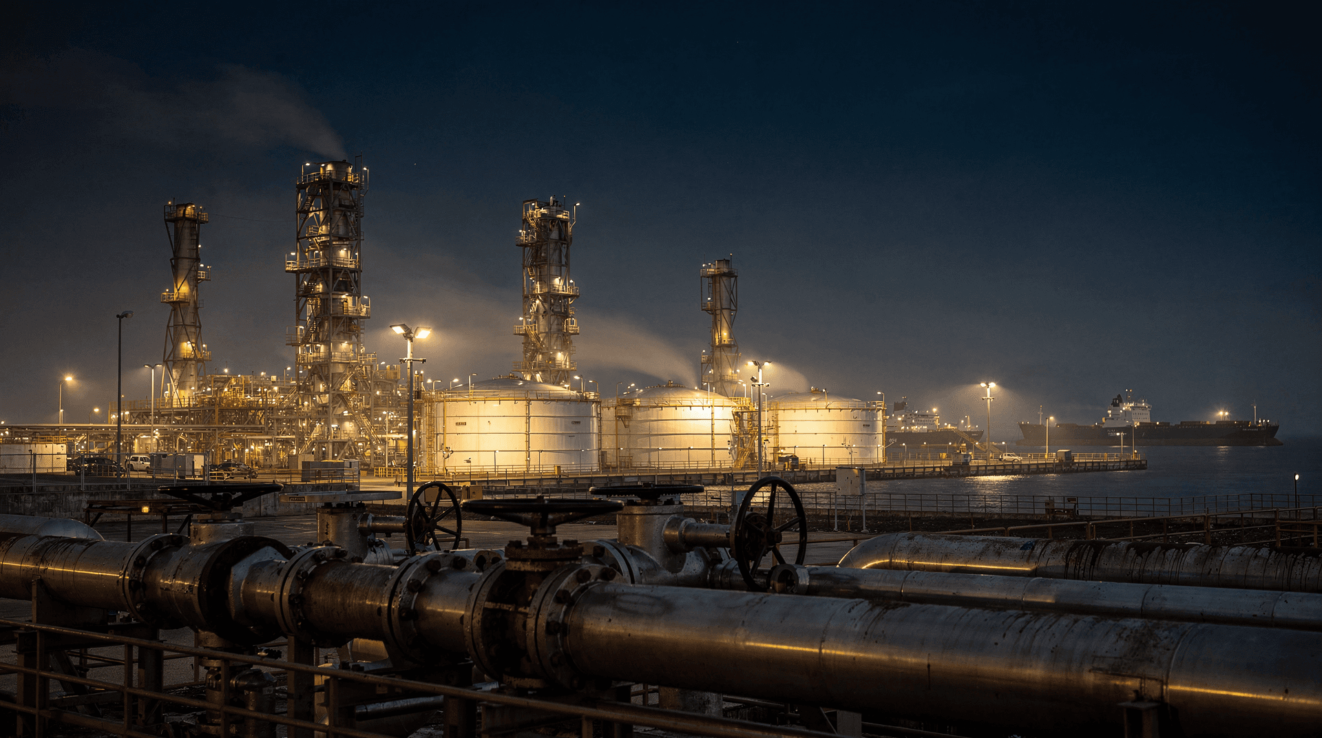Refinery distillation towers and pipework glowing at dusk with a tanker silhouette on the horizon