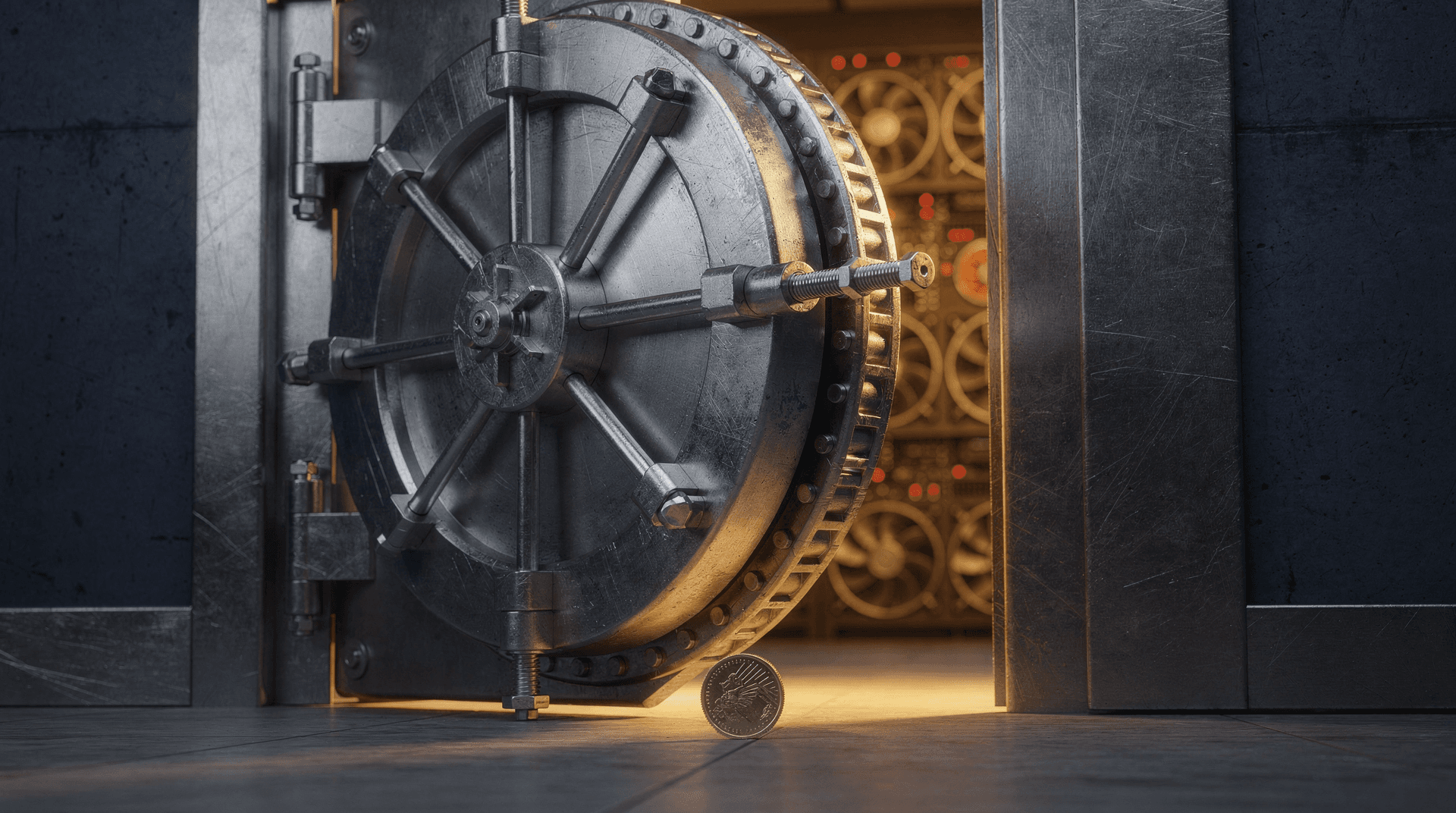 A heavy bank vault door stands ajar in shadow, gold light along its edge, a coin silhouetted nearby