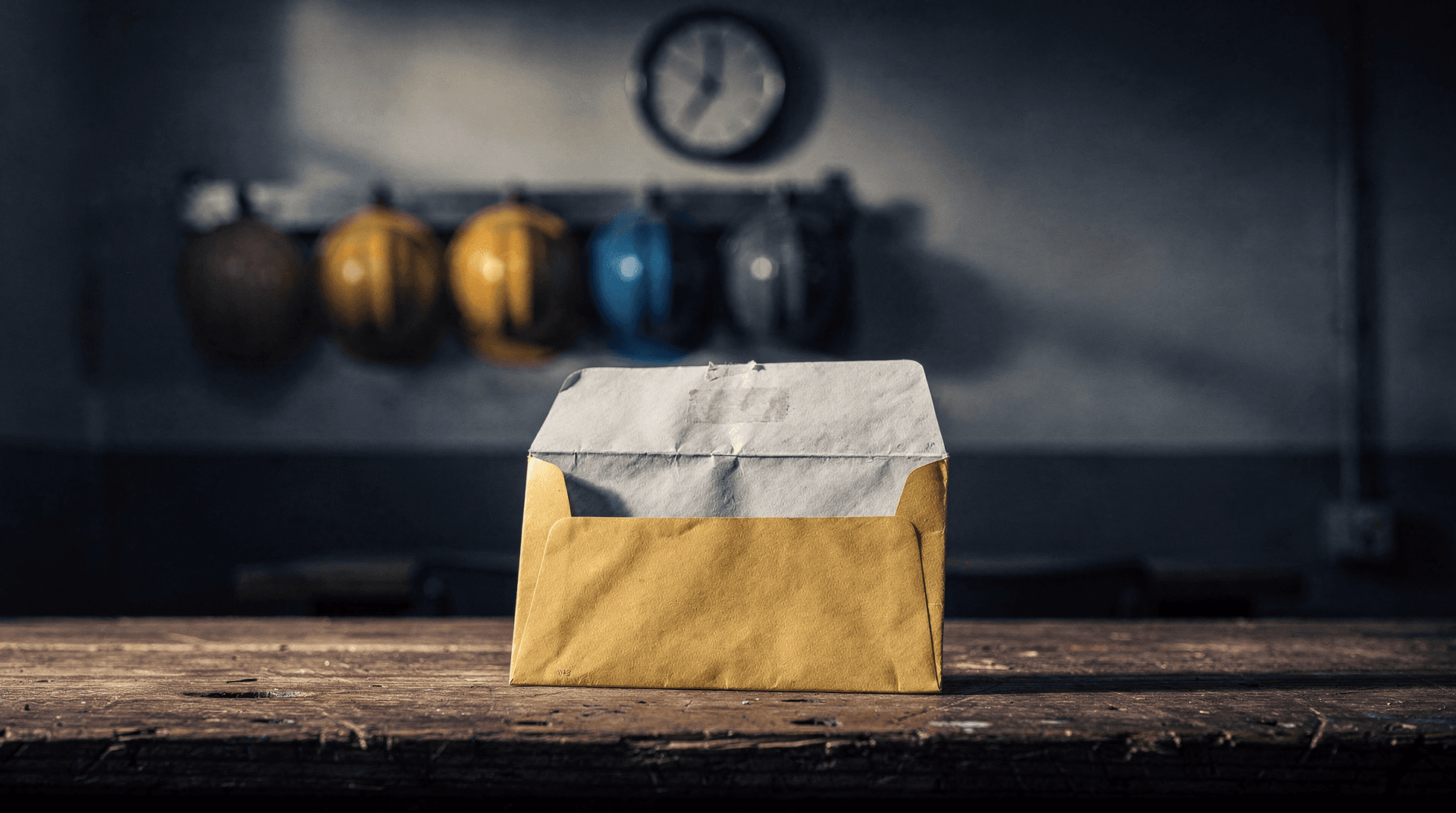 An empty pay envelope on a worn workbench inside a dim factory break room at dawn