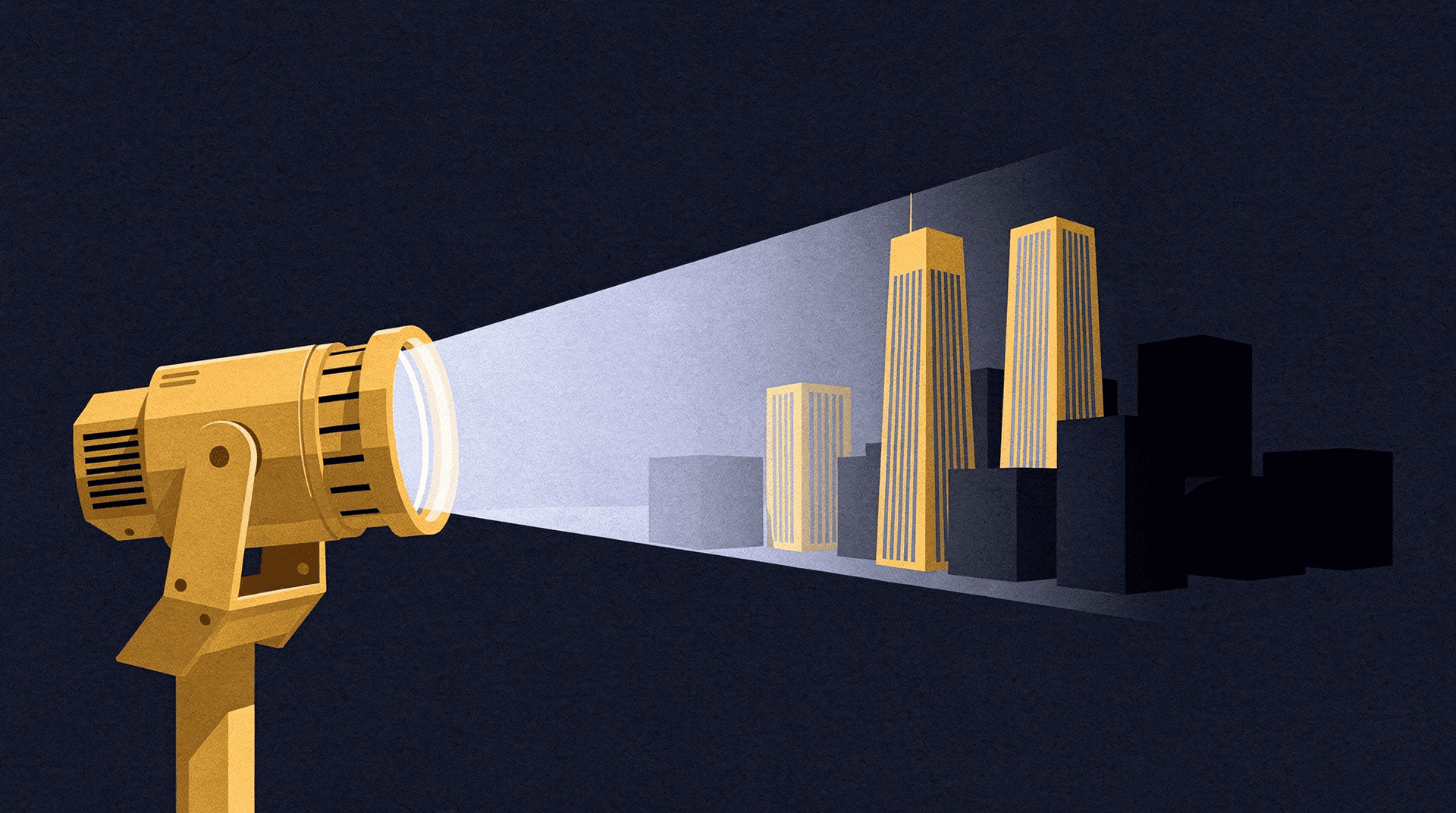 A golden spotlight illuminates several tall, yellow-striped buildings in a city skyline, while others remain in shadow.