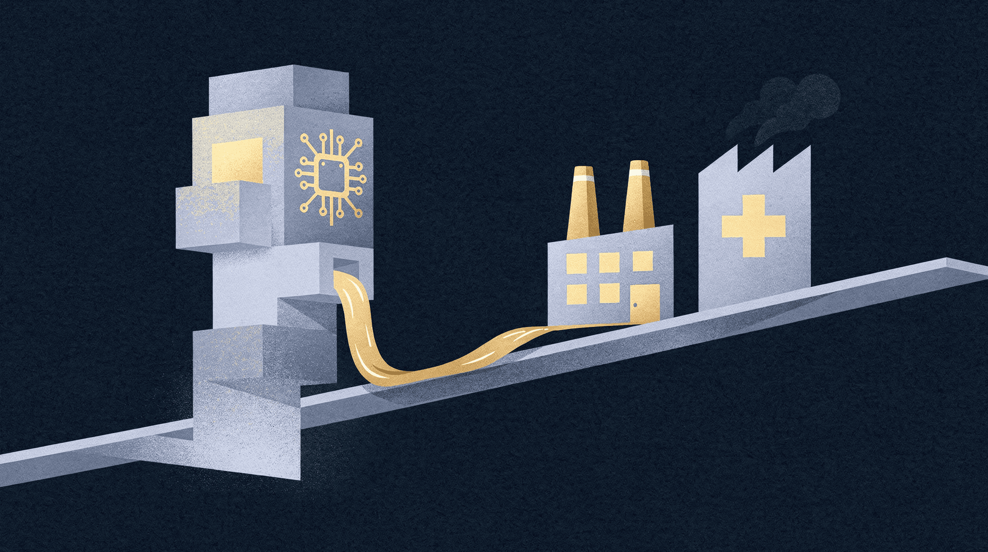 Illustration showing a structure with a microchip, pouring a golden liquid via a pipe into an industrial factory and a hospital.