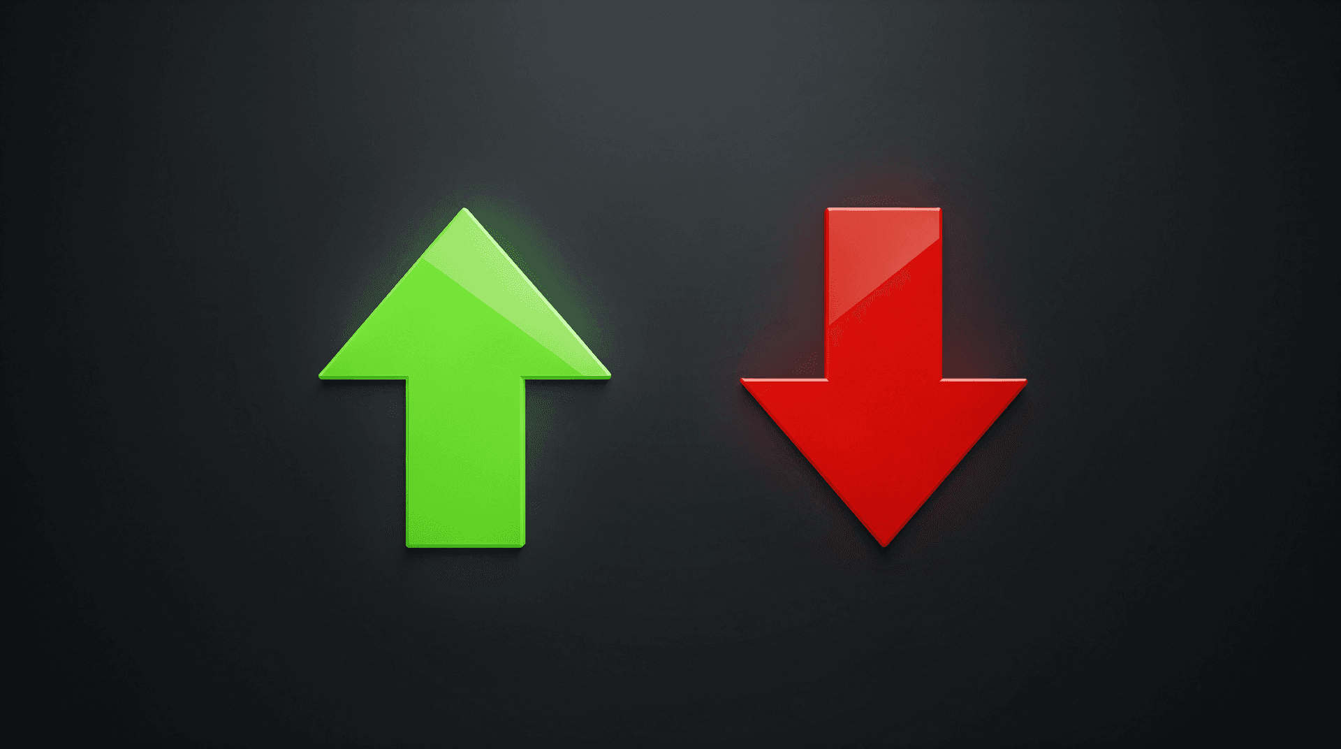 A bright green arrow pointing upwards and a bright red arrow pointing downwards, against a dark gray background.