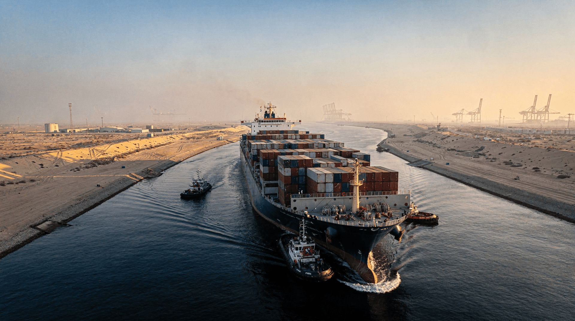 Aerial view of a large container ship moving through the Suez Canal at dawn, flanked by tugboats.