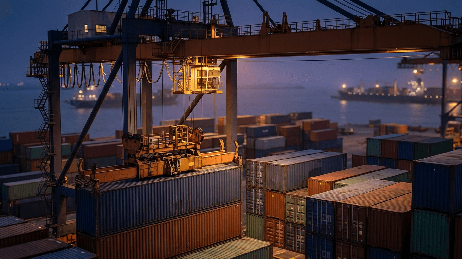 Container ship anchored in a hazy harbor at dusk with idle gantry cranes silhouetted nearby
