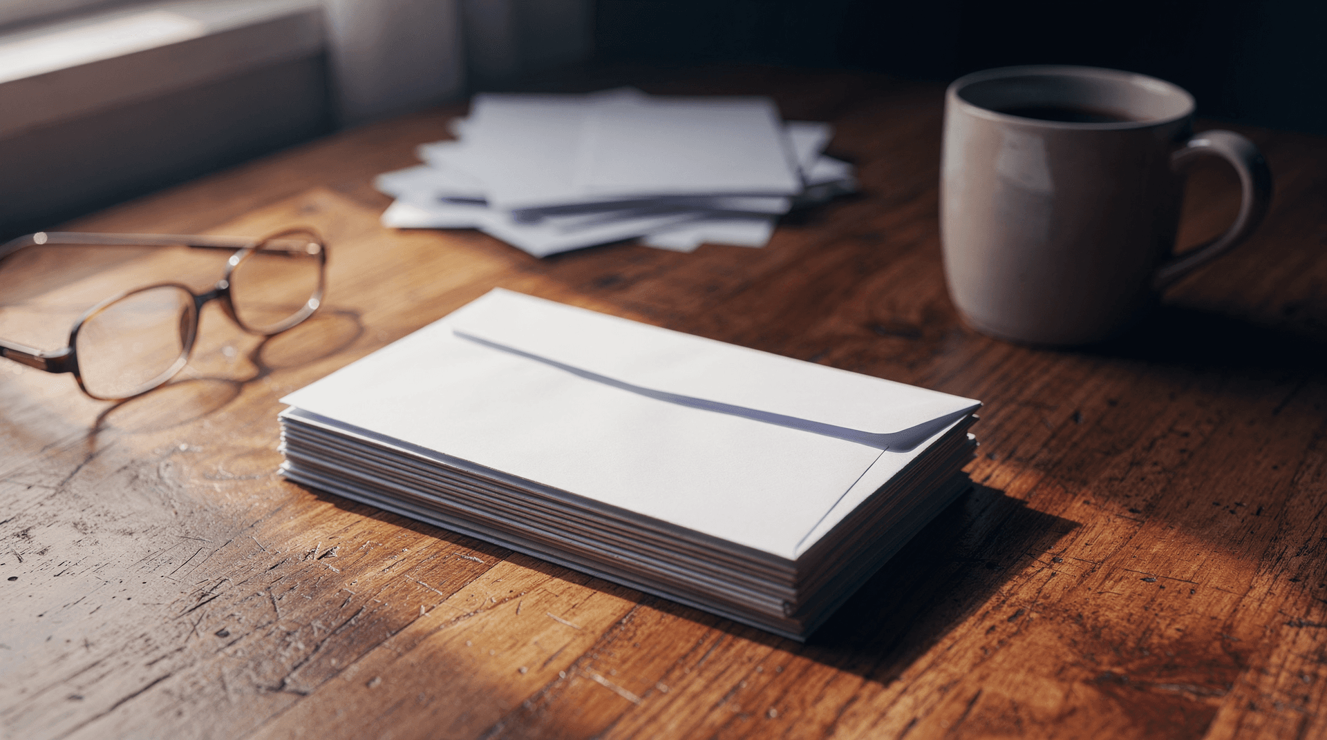 Stack of plain envelope bills on a sunlit wooden kitchen table beside a coffee mug and glasses