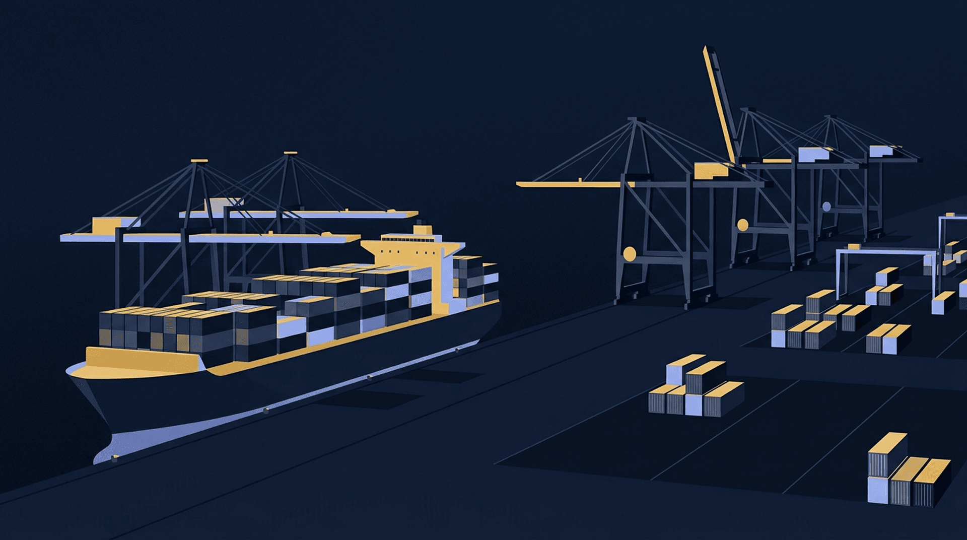 Container ship at a dock beneath towering cranes, one crane idle over an empty berth at dusk