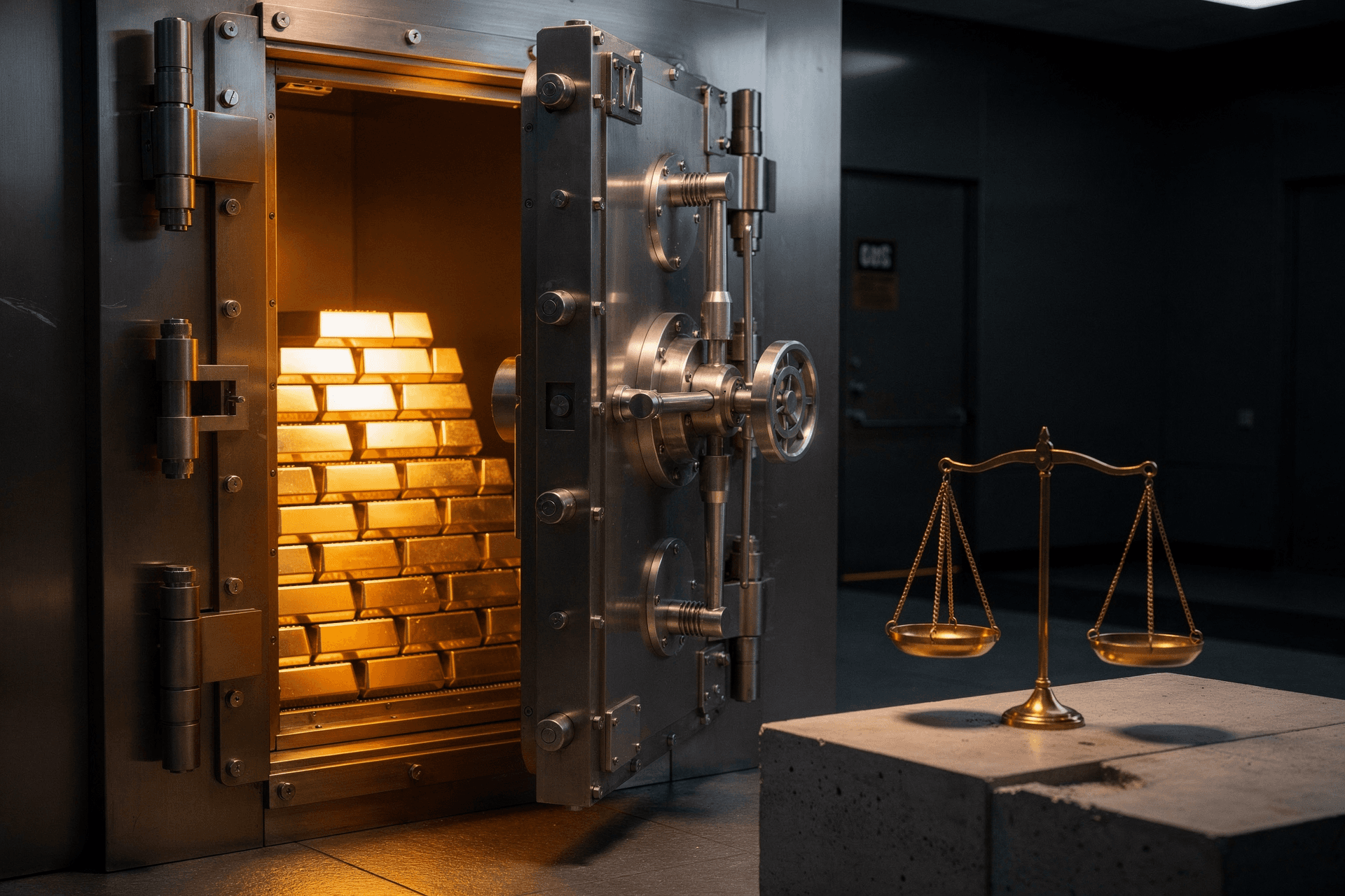 An open bank vault filled with gold bars, and a golden set of scales balanced on a concrete block in the foreground.