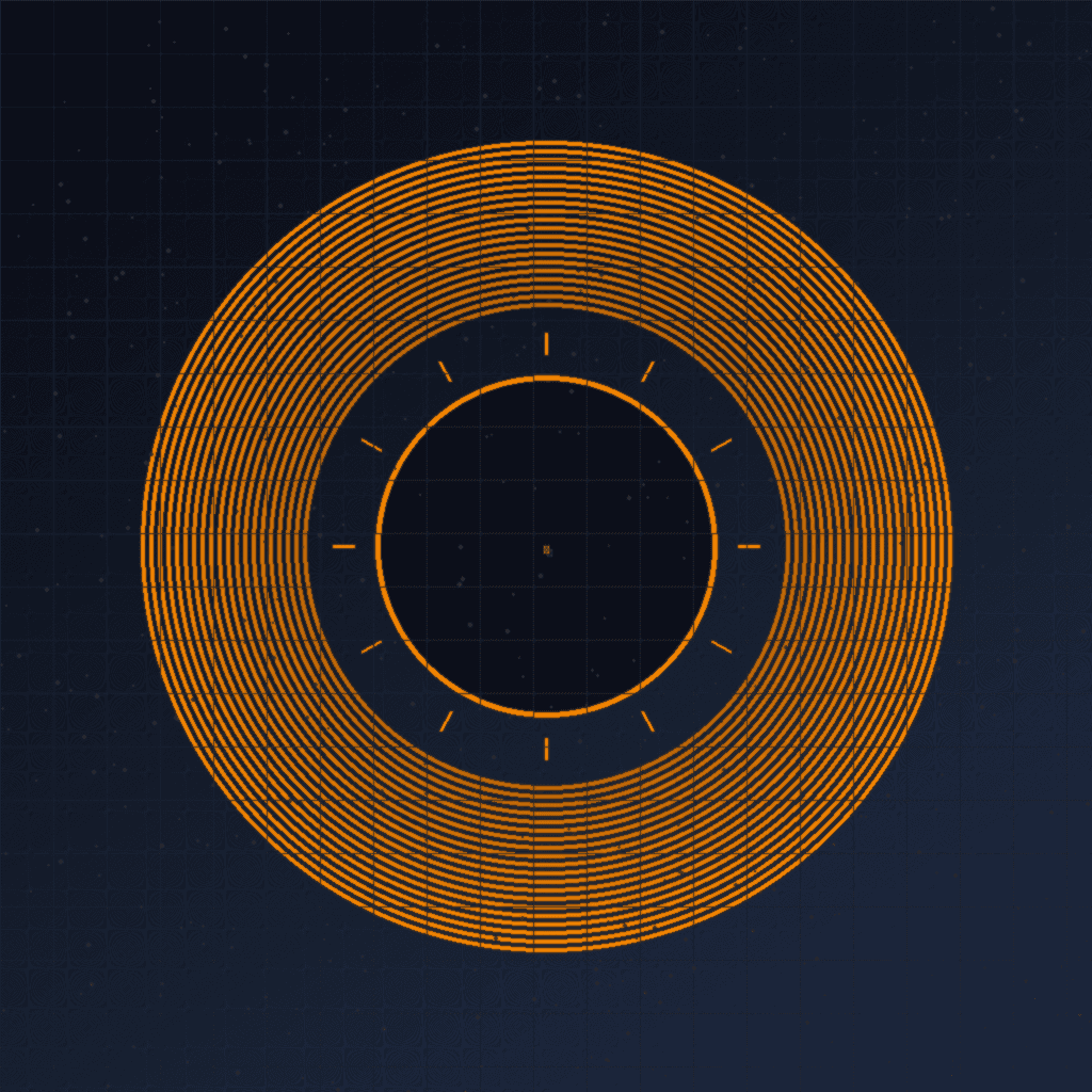 Digital art showing a central dark circle surrounded by a thick, bright orange concentric ring made of many thin lines, all against a dark grid background with faint white dots.