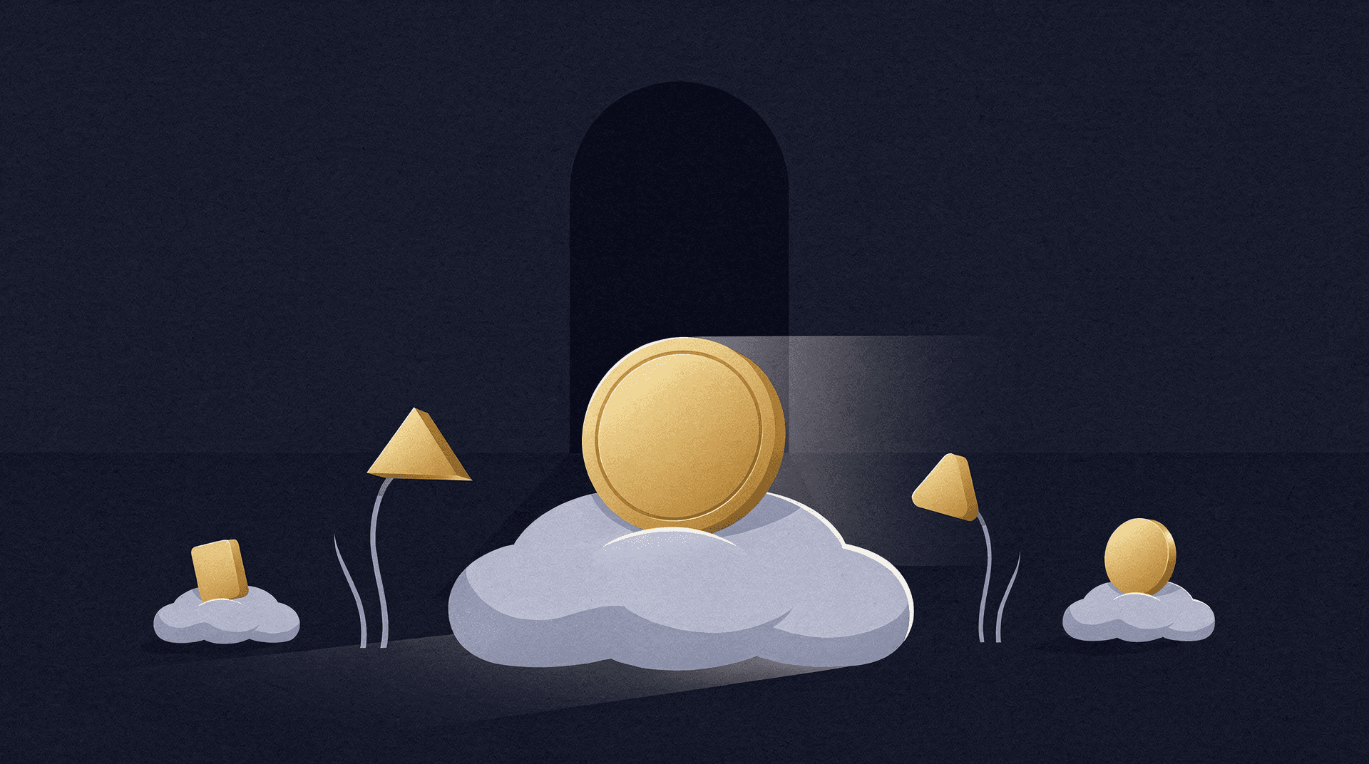 Illustration of a large gold coin on a cloud, with smaller coins on clouds and abstract gold shapes against a dark background.