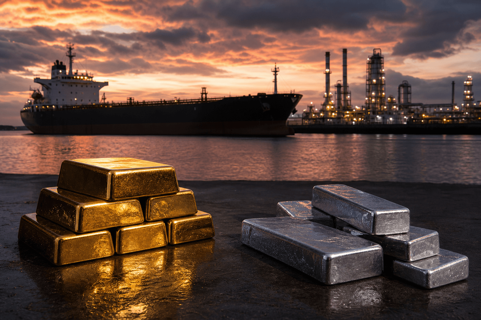 Stacks of gold and silver bars in foreground; in background, an oil tanker and refinery at sunset producing steam and light.