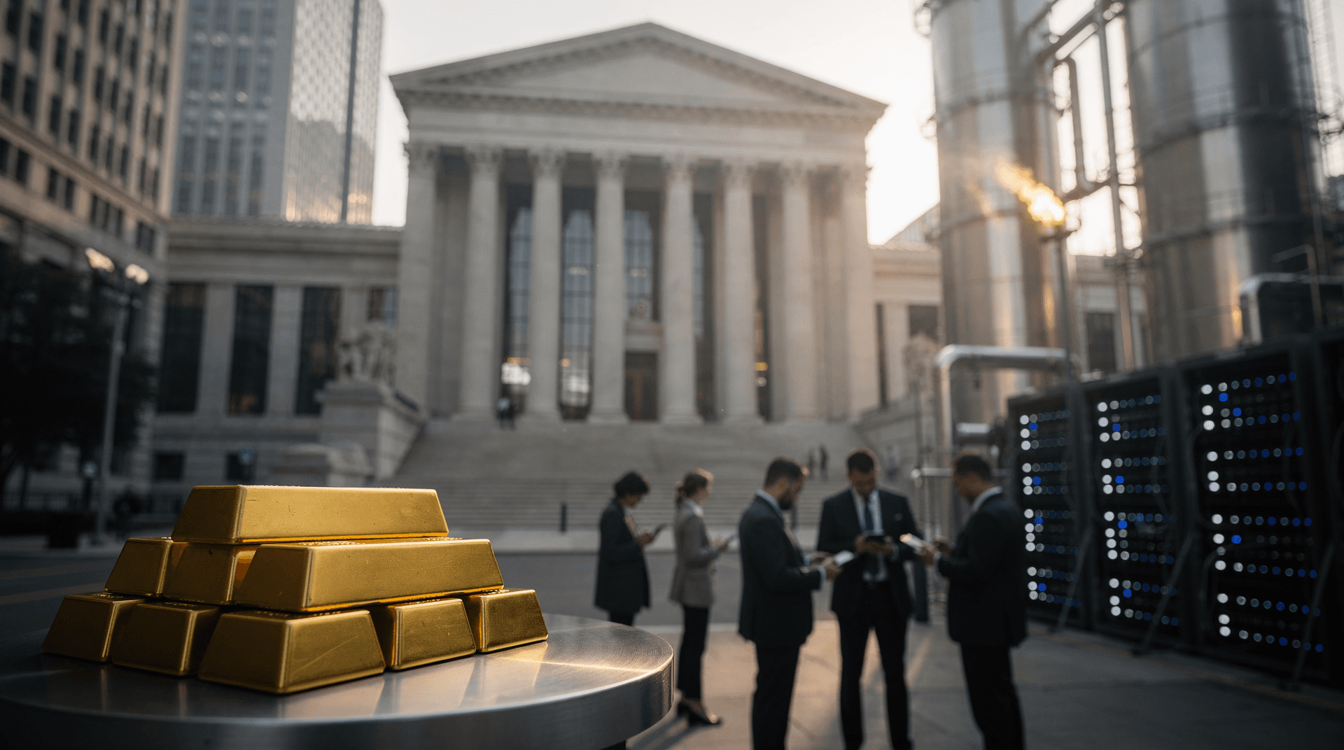 Several gold bars on a table in the foreground. In the background, a large classical building, an oil refinery with a flame, and data servers.