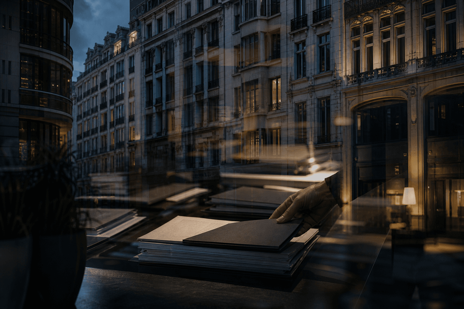 Double exposure showing a hand placing documents on a table, superimposed over a cityscape with tall, classic buildings at dusk.