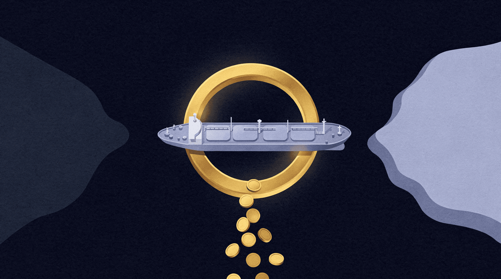 An illustration of a large grey oil tanker sailing through a golden ring, with gold coins falling from below the ring into a dark background.