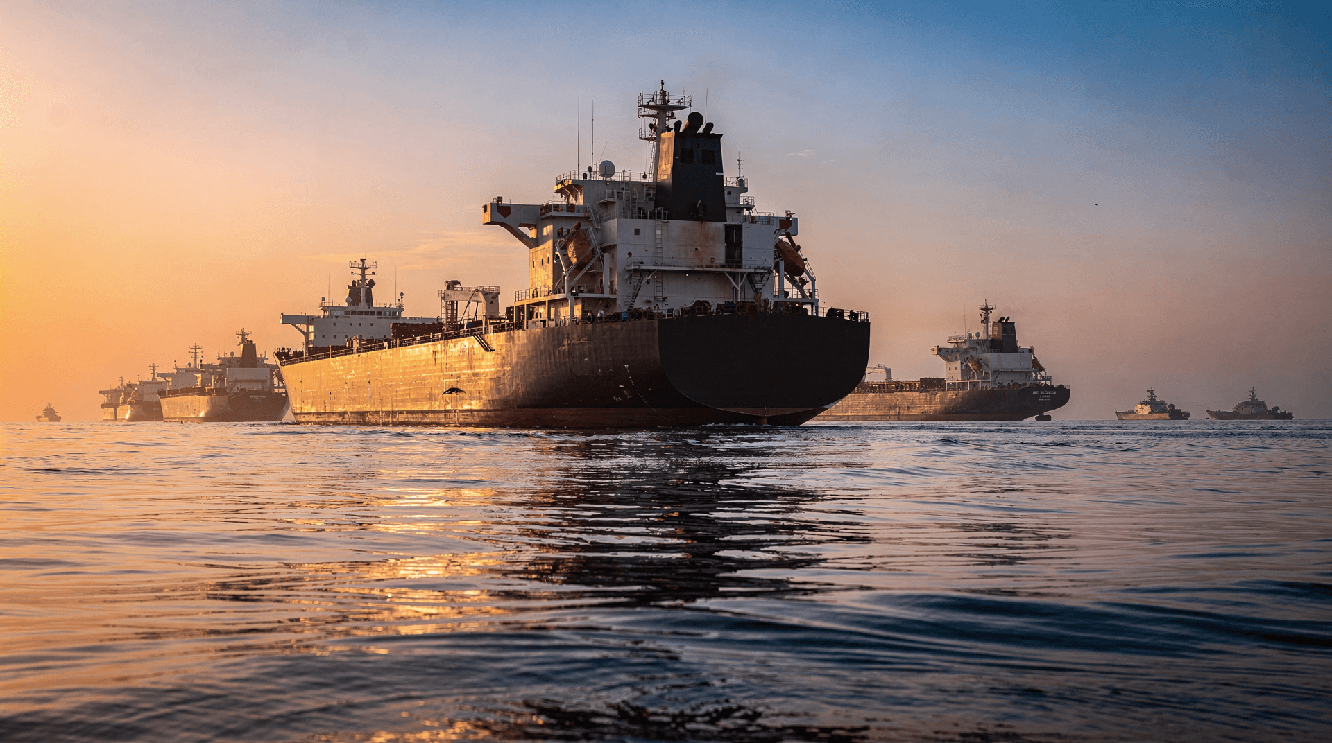 Several large oil tankers and smaller warships navigate a calm sea at sunrise or sunset, with warm light reflecting on the water.