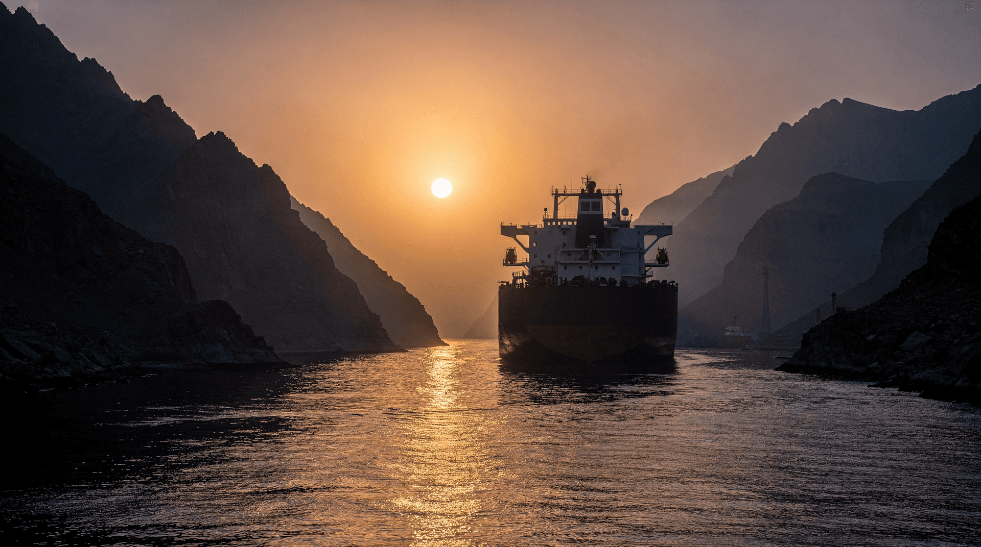 A large oil tanker sails through a narrow strait at sunset, with tall, dark mountains rising on both sides of the water.
