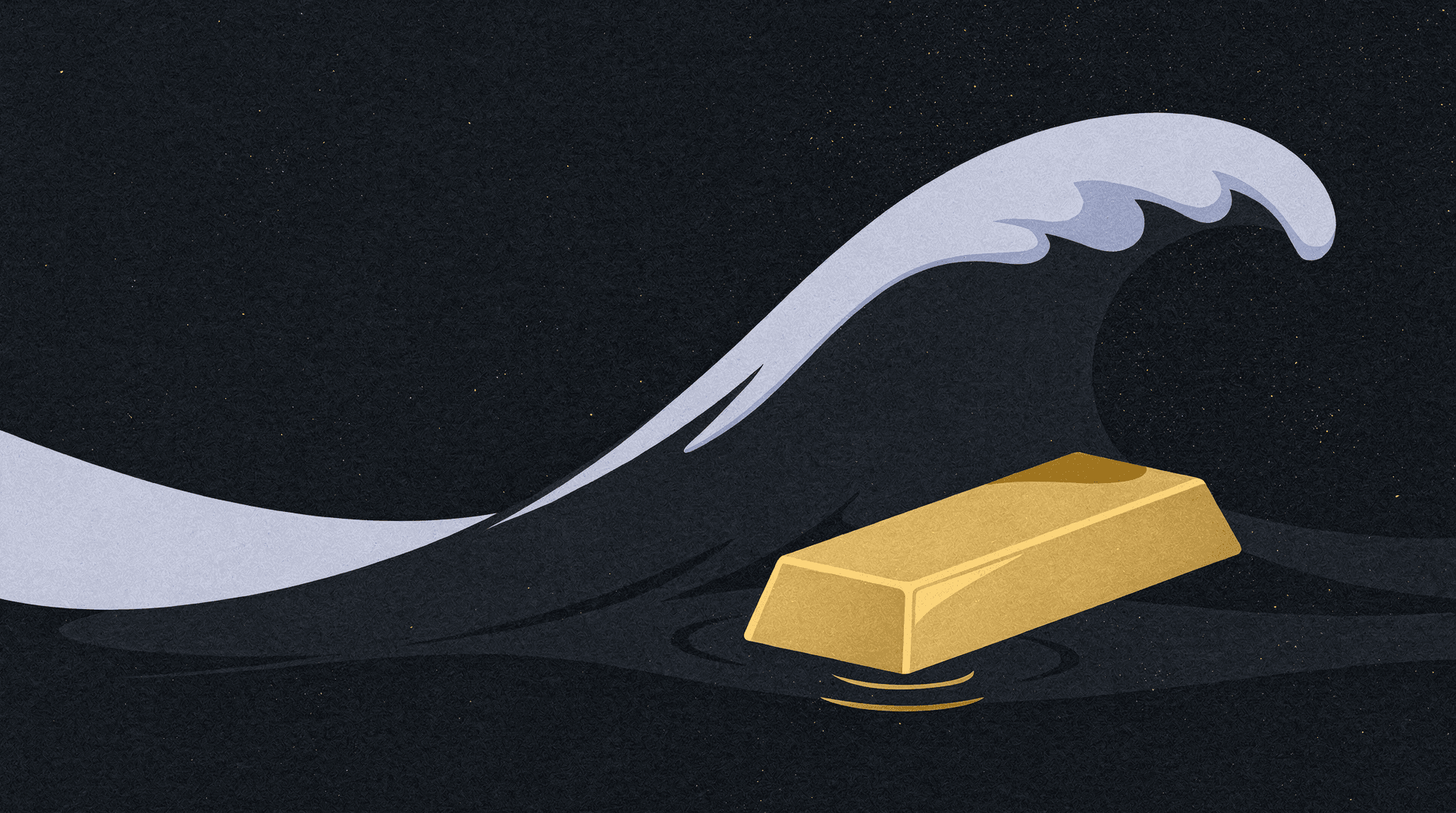 An illustration of a gold bar floating on dark water as a large, stylized wave crests behind and above it.
