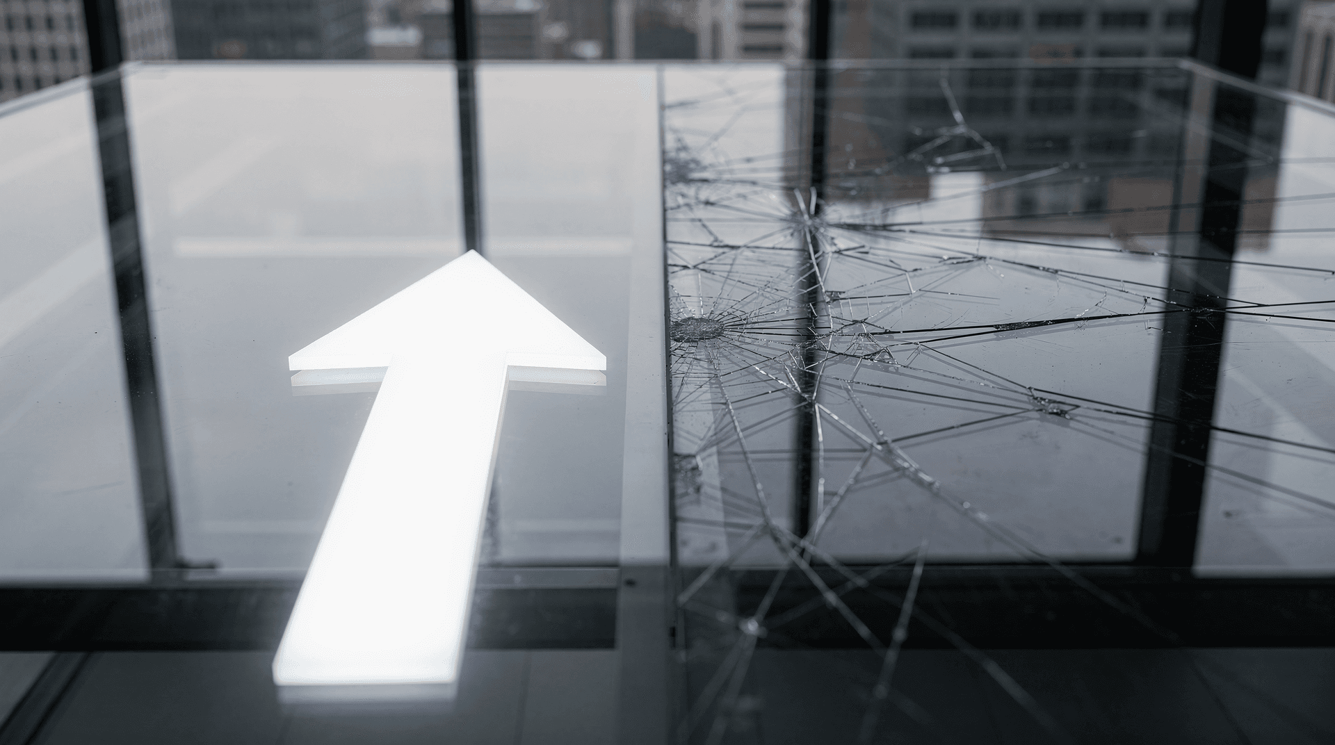 An upward-pointing white arrow on a clear surface, adjacent to a section of glass shattered into a spiderweb pattern.
