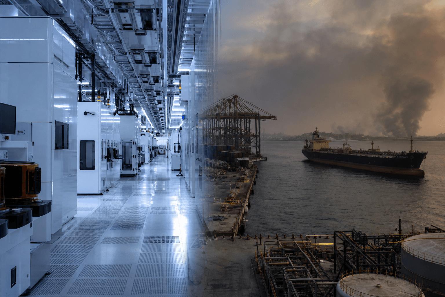 Split image: left, a cleanroom semiconductor factory; right, a dark, smoky harbor with an oil tanker and industrial infrastructure