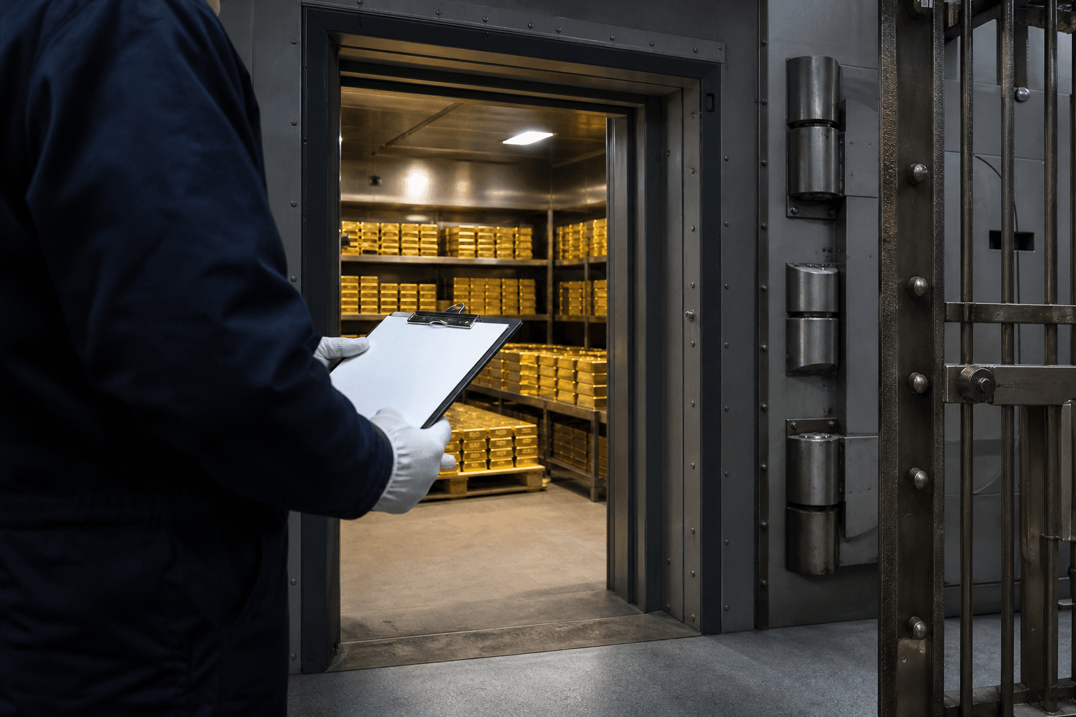 A person in white gloves holding a clipboard stands in front of an open vault door, revealing stacks of gold bars inside.
