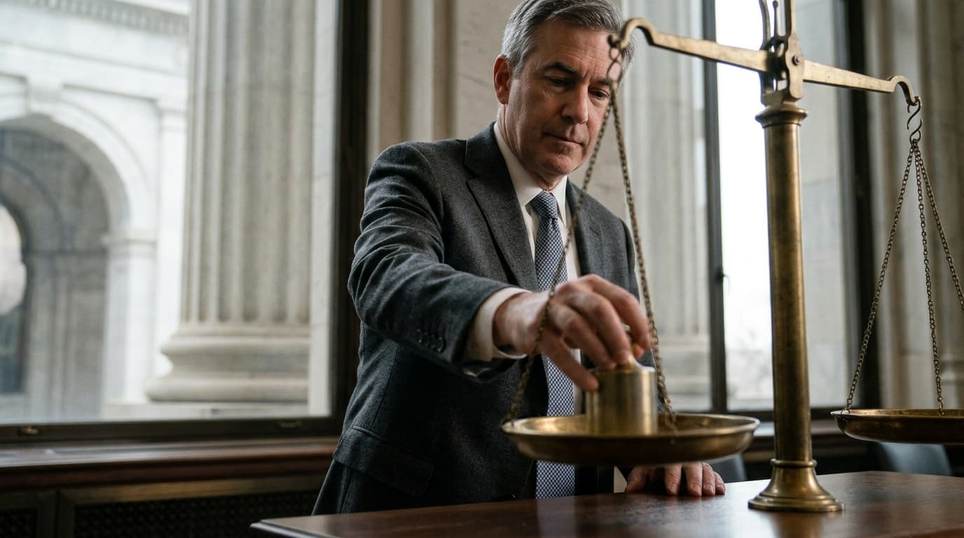 A man in a suit carefully places a weight onto a brass balance scale, with classical architectural columns in the background.