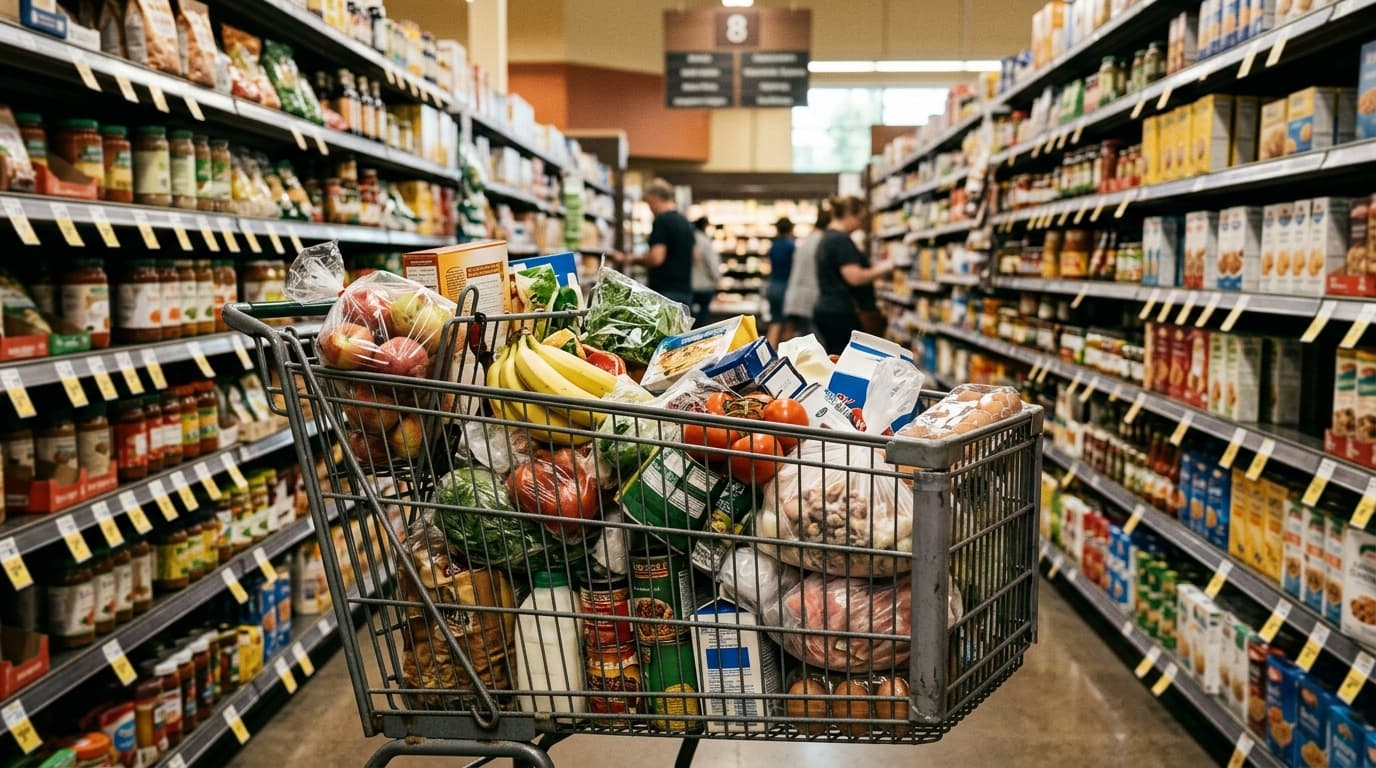 A full grocery cart in a supermarket aisle, laden with various food items and produce, with blurred shelves and shoppers in the background.