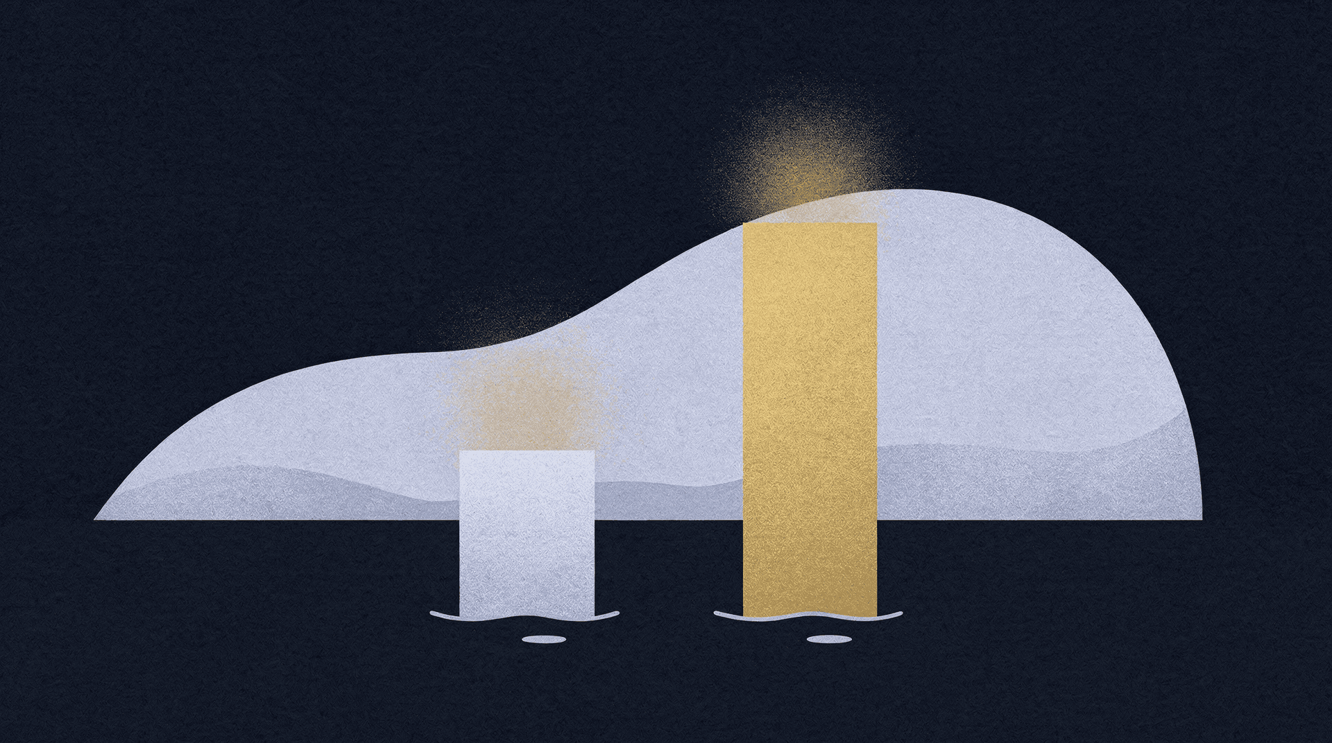 Abstract illustration of two rectangular bars, one shorter and light grey, one taller and gold, emerging from water under a light grey wave-like shape on a dark blue background.