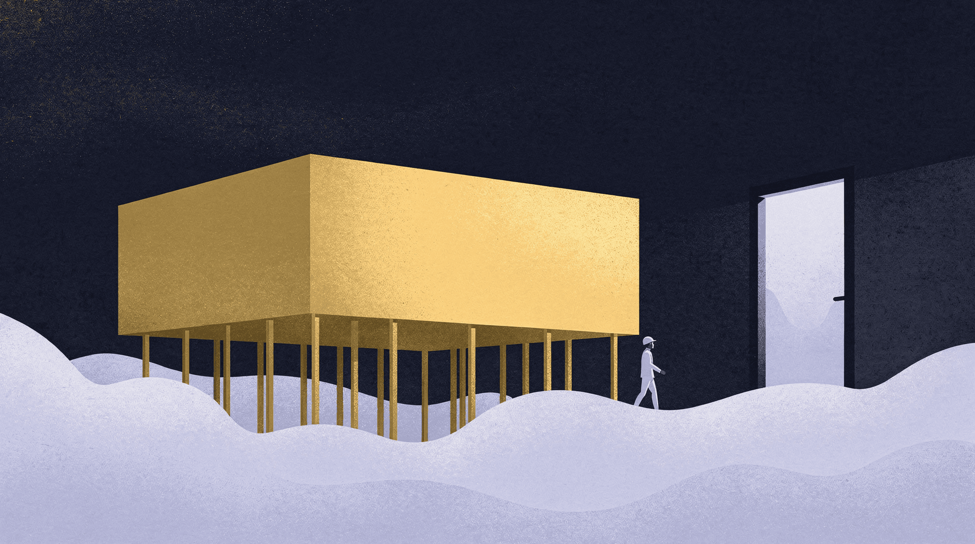 An illustration of a large golden rectangular structure on numerous golden pillars above a snowy landscape, with a person walking towards an open door.