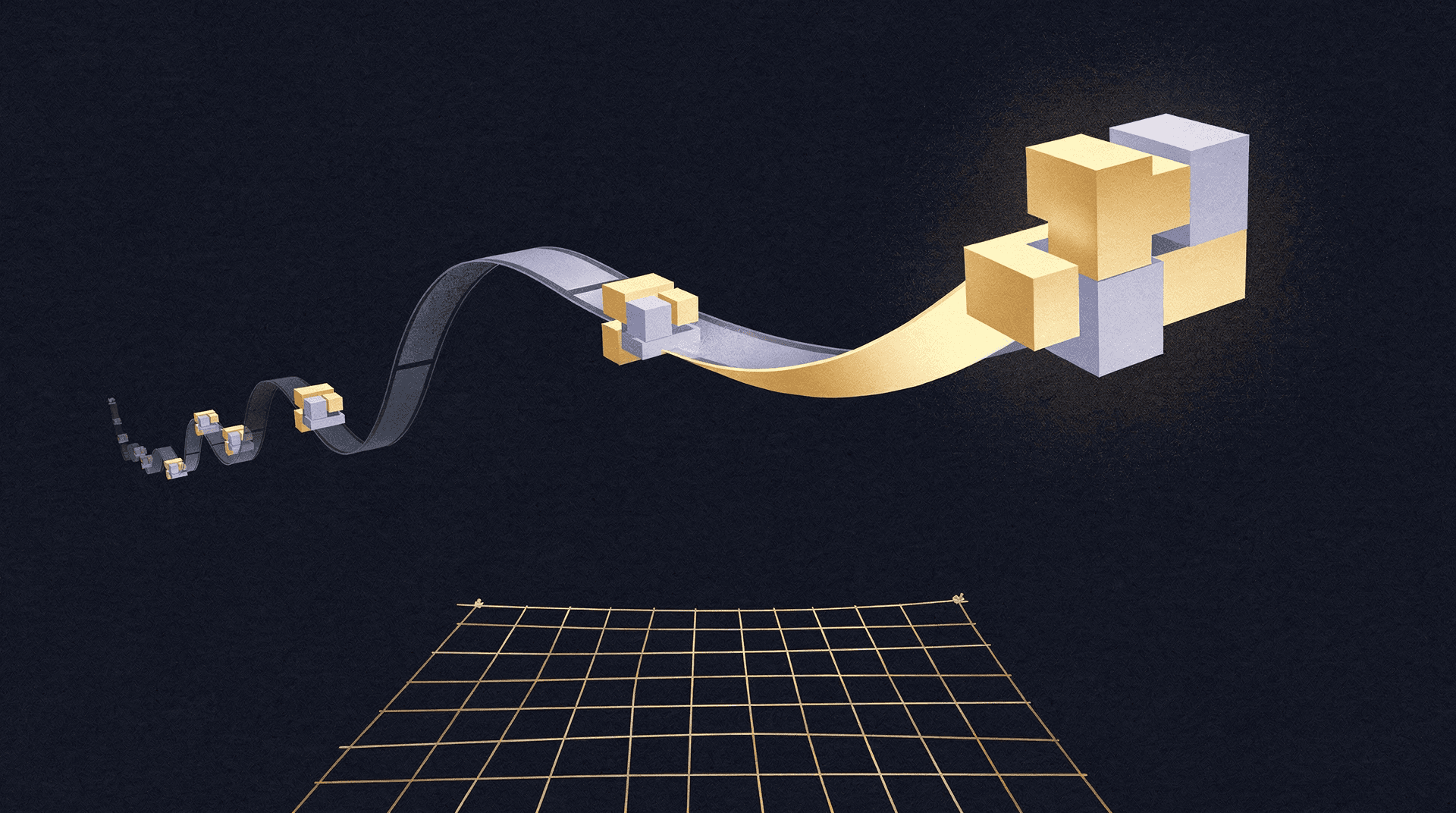 An abstract illustration featuring a winding ribbon-like path with geometric blocks, transitioning from gray to gold, above a golden grid.
