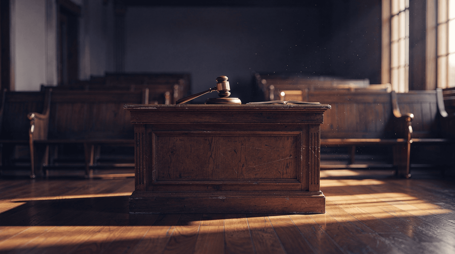 Empty wood-paneled courtroom with a gavel on the bench and light streaming through tall windows