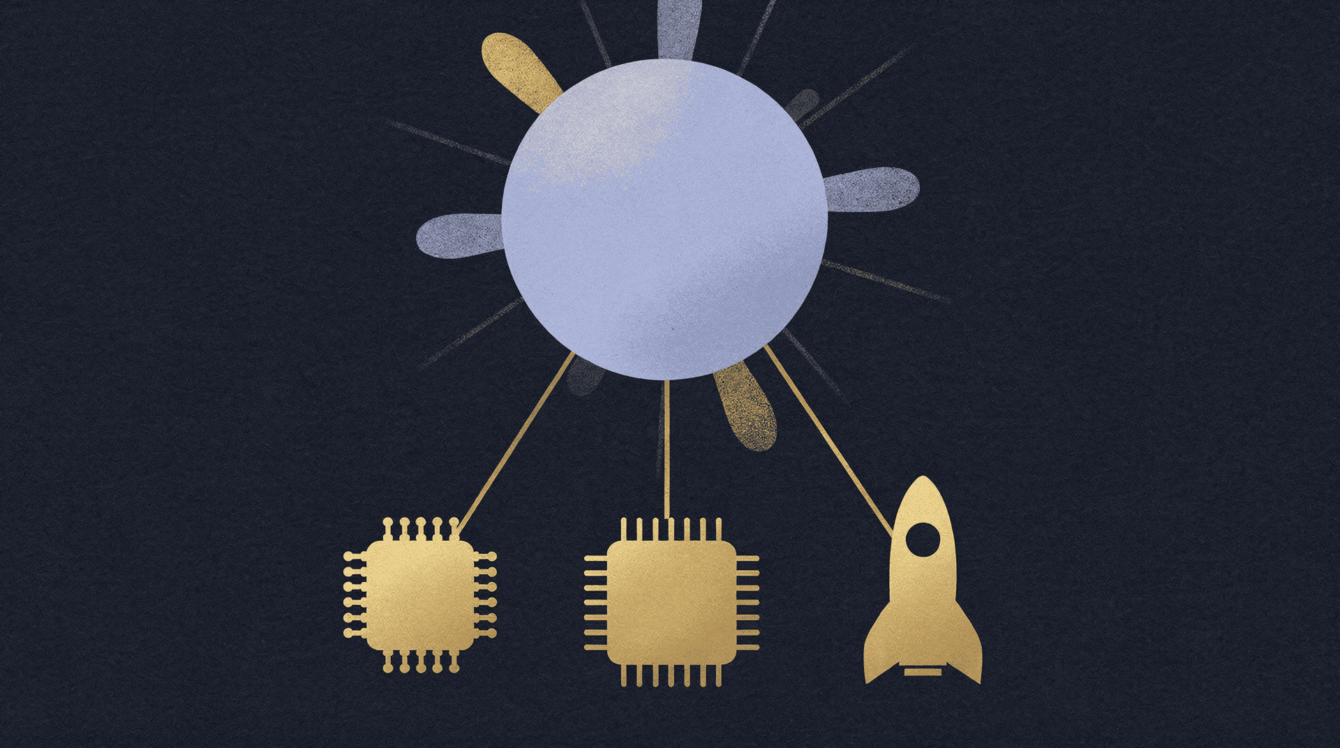 A central blue sphere with radiating light grey and gold lines, connecting to two gold CPU chips and a gold rocket ship.