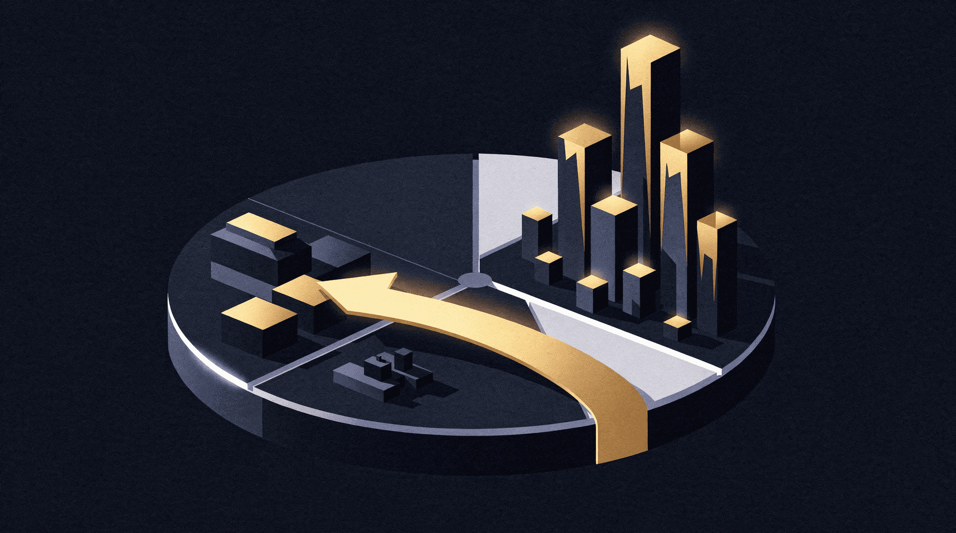 Editorial illustration of stone facade architectural detail on a navy background with gold accents