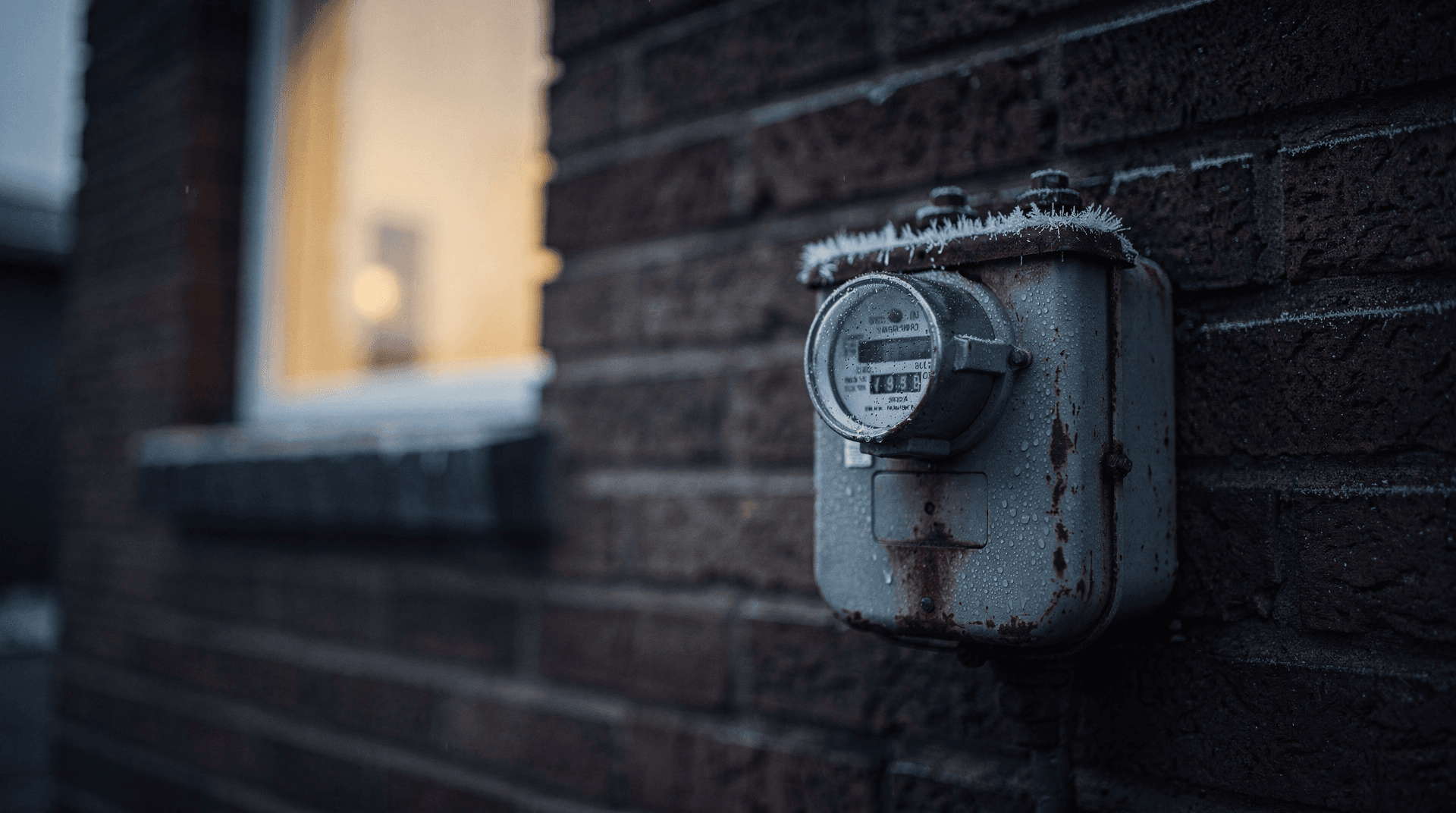 Frosted natural gas meter on a home's brick wall at dawn with a warm kitchen window glowing softly behind it