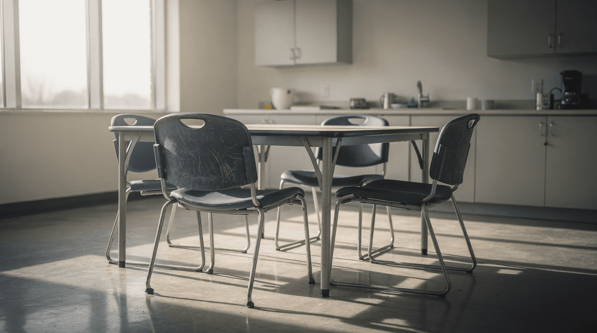 An empty office break room with vacant chairs in soft morning light