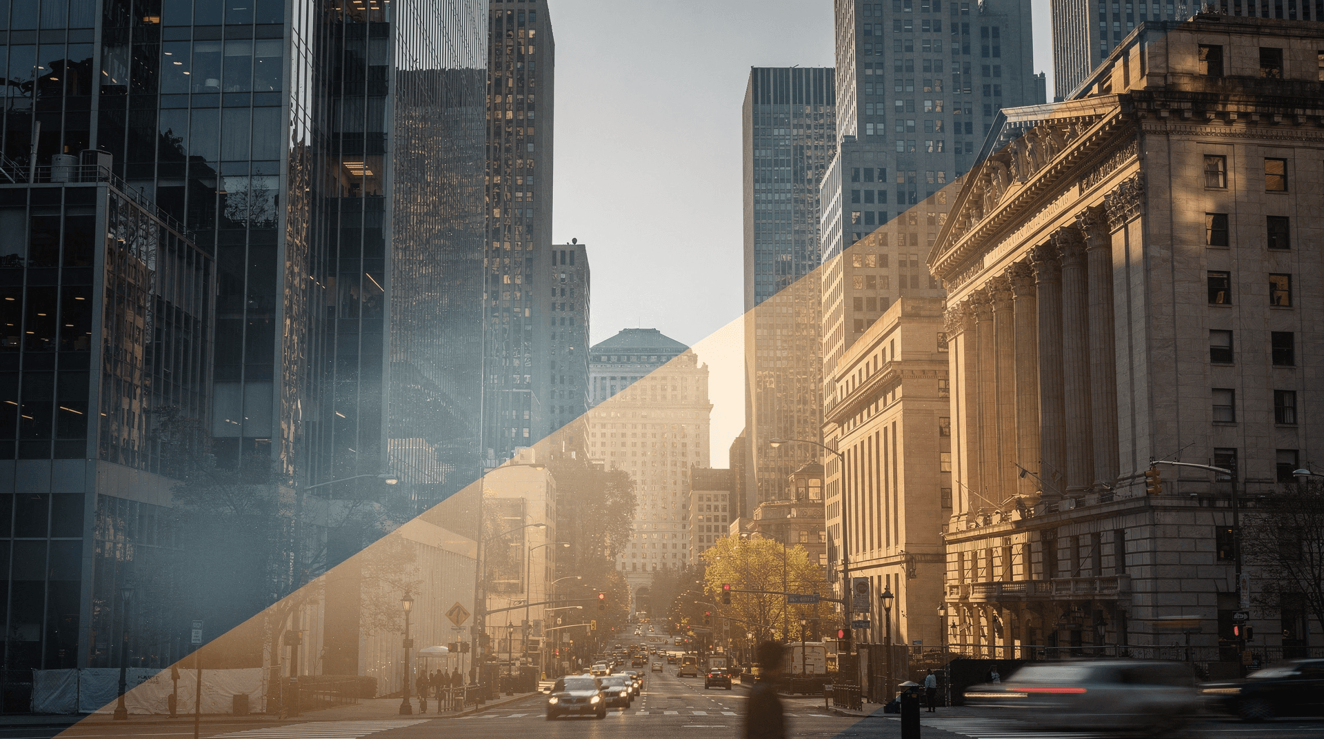 Cityscape showing a mix of modern glass skyscrapers and a classical stone building with columns, with cars on a street below. A diagonal color gradient overlays the image, fading from cool blue to warm yellow-orange.