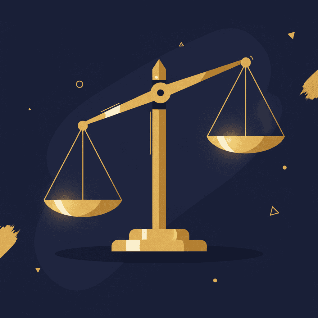 Brass balance scale tilted to one side on navy background