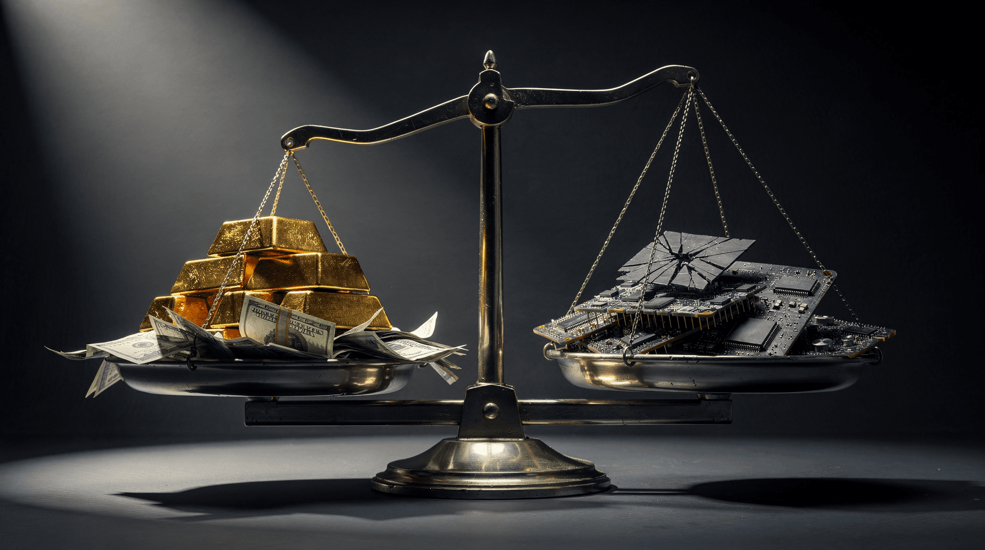 An old-fashioned balance scale in a spotlight, with gold bars and banknotes on one side, and broken circuit boards on the other.