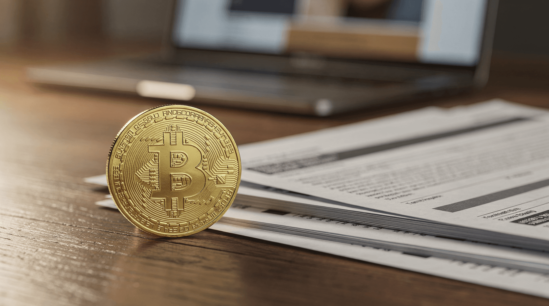 Close-up of a gold Bitcoin token standing upright on a wooden desk next to a stack of papers and a blurred laptop.