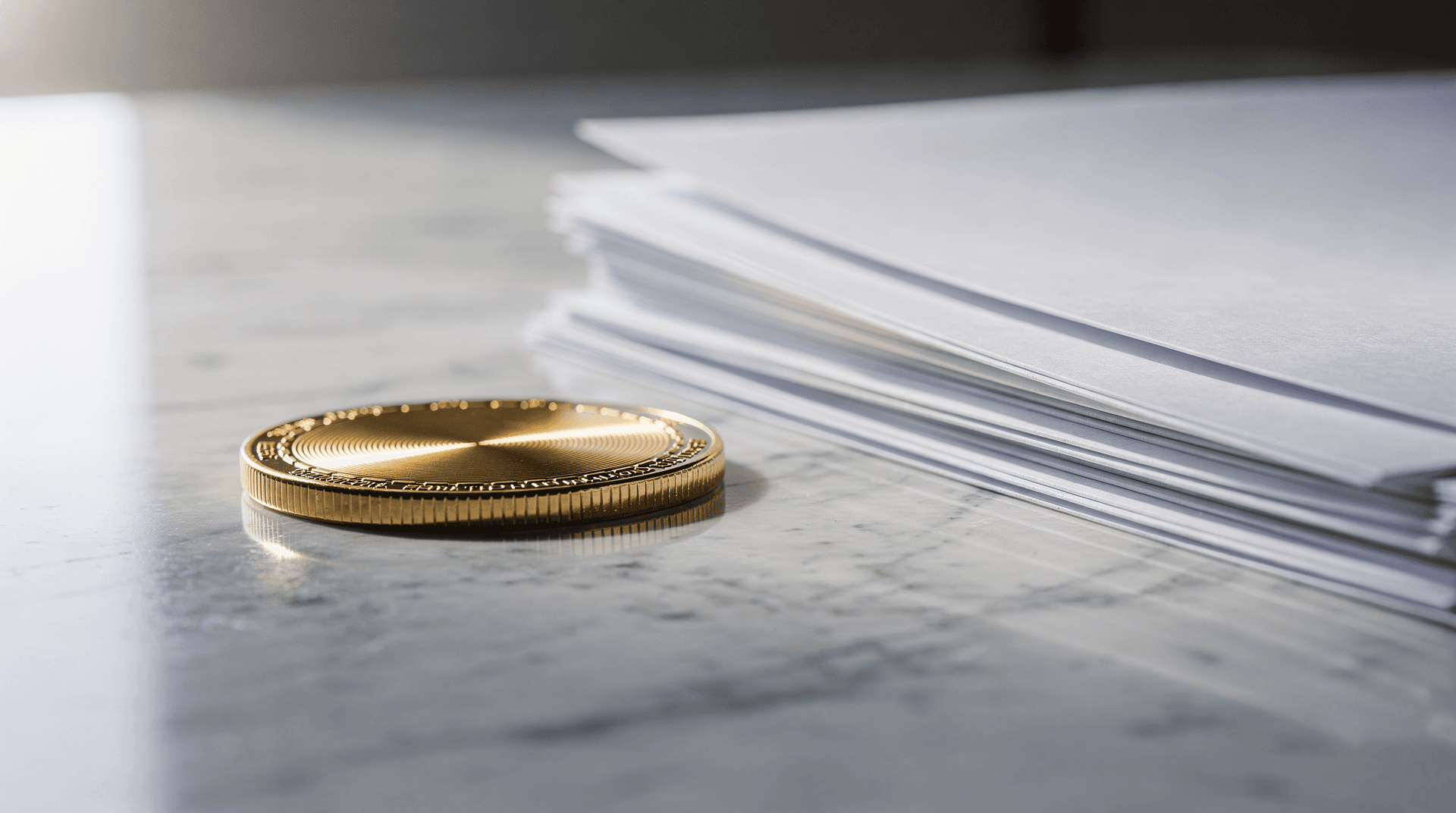 A shiny gold coin resting on a light-colored surface with a stack of white papers in the background, out of focus.