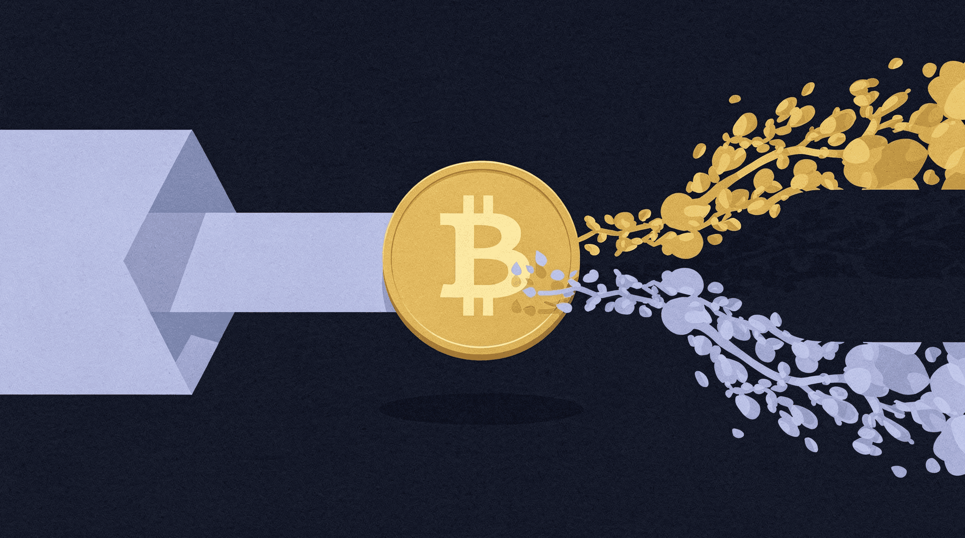 A golden Bitcoin symbol at the center, with a light blue ribbon-like structure feeding into it from the left. From the right side of the Bitcoin, two distinct branches of leaves or clusters diverge: one golden and one light purple/silver, on a dark blue background.