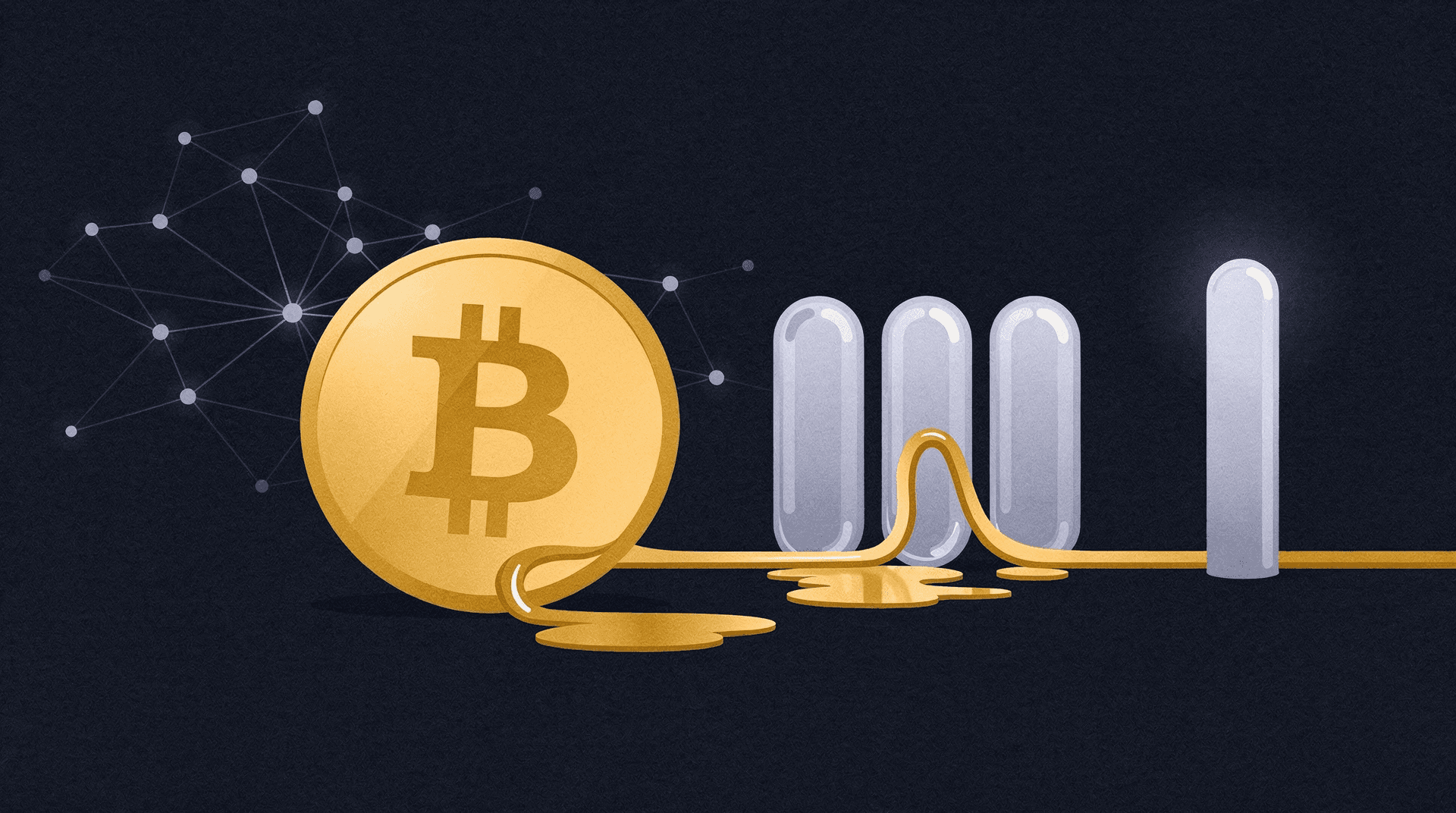 Illustration of a gold Bitcoin coin melting into a flowing gold substance, connected to a series of vertical gray bars, on a dark background with a subtle network pattern.