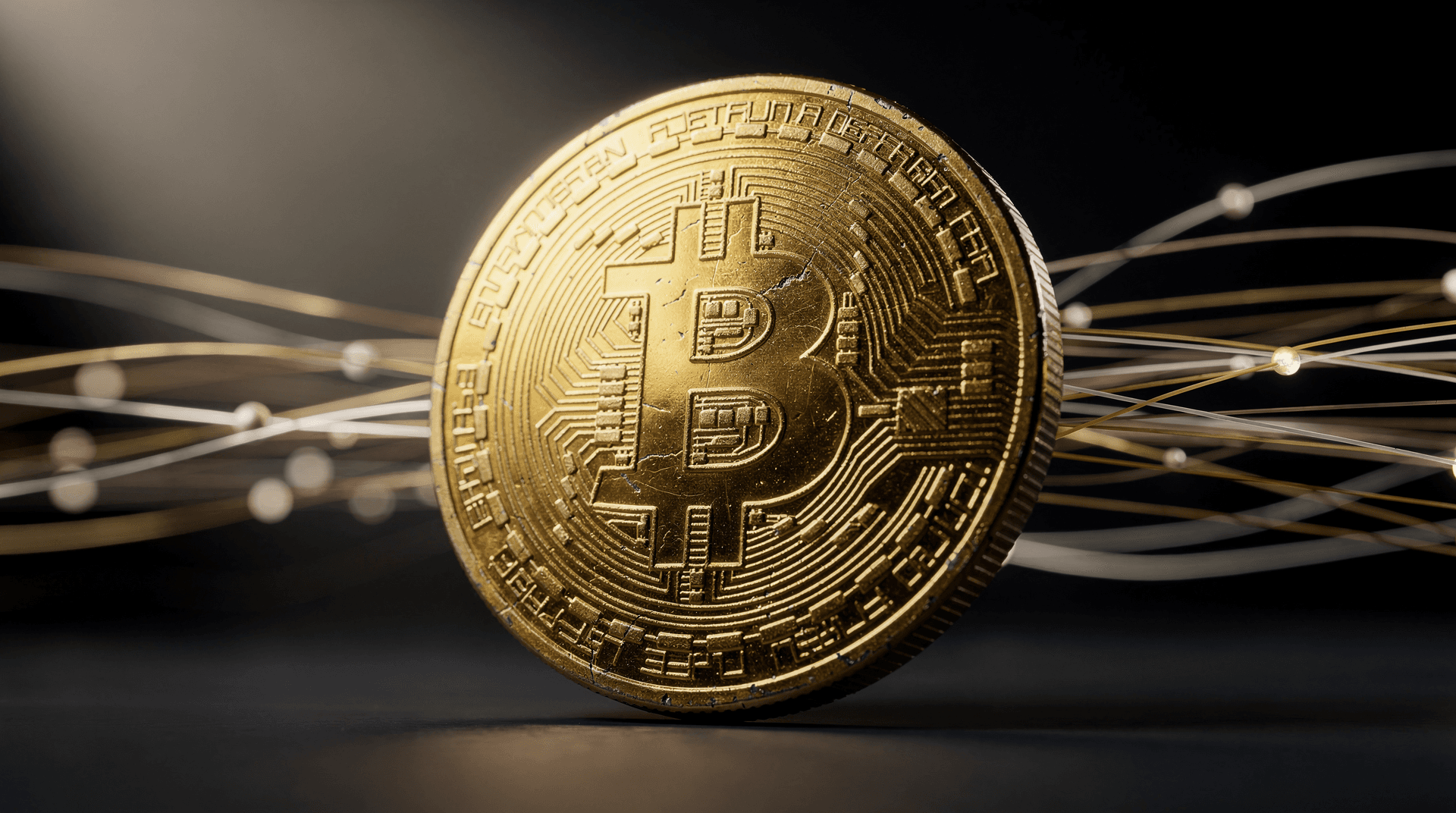 Close-up of a gold Bitcoin coin standing on its edge, with glowing, intertwined digital data lines in the background