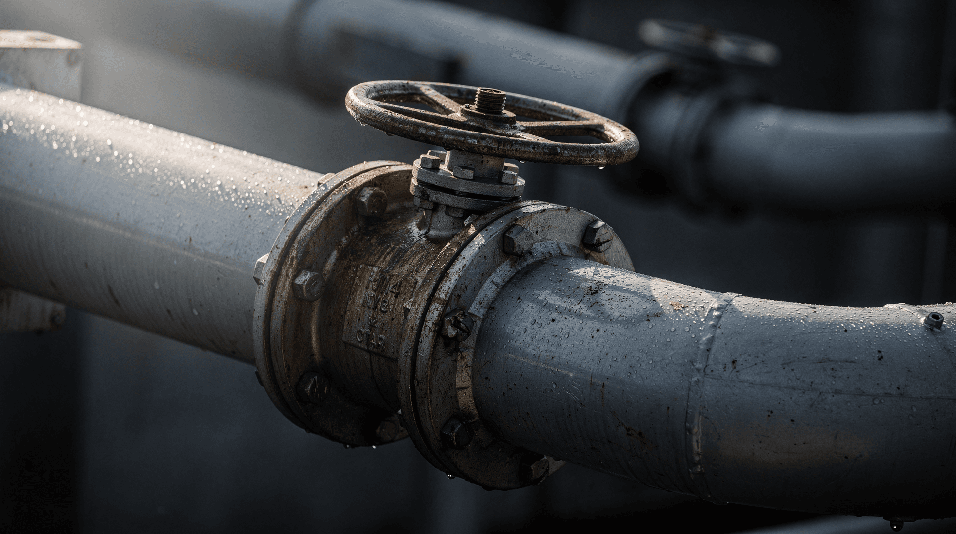 Close-up of a weathered metal pipe with a rusty valve and water droplets, suggesting industrial infrastructure.