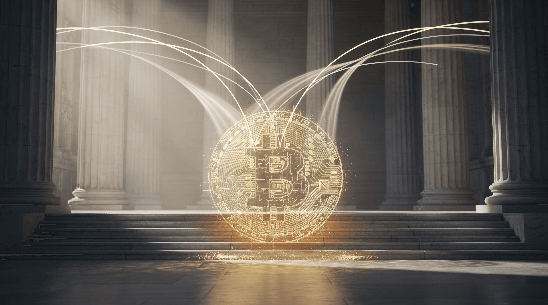 A glowing, circuit-board-patterned Bitcoin icon stands prominently on stone steps in front of classical columns, with light streams emanating from it.