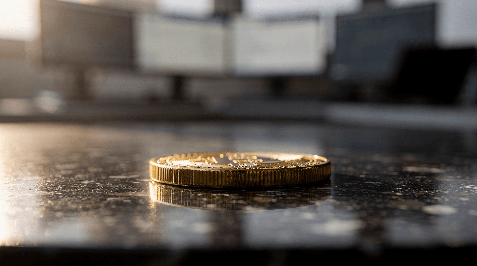 Close-up of a golden cryptocurrency coin lying flat on a reflective dark surface, with blurred computer screens in the background.