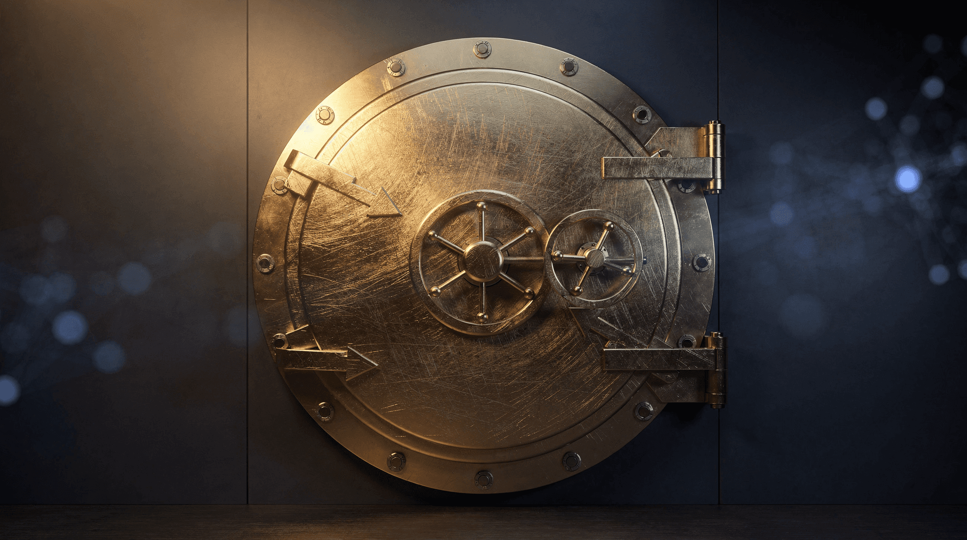 Illuminated steel vault door with directional arrow relief, symbolizing institutional fund flows, set against deep blue network bokeh
