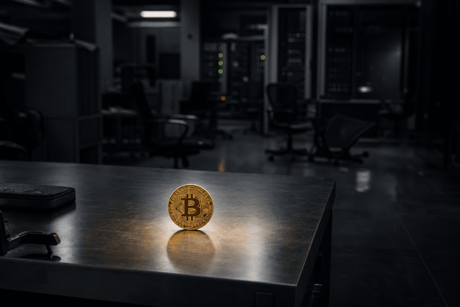 A glowing golden Bitcoin stands upright on a dark, textured surface in a dimly lit room, with blurred office furniture in the background.