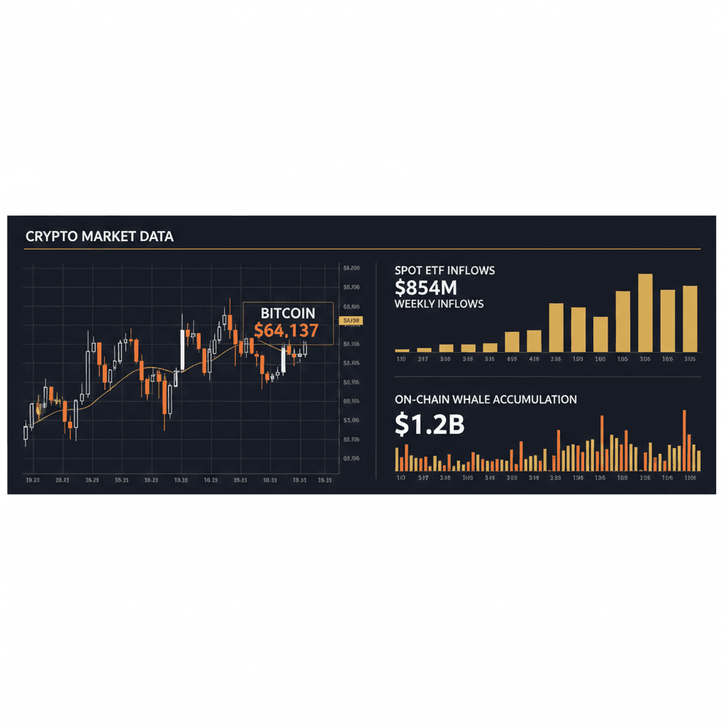 Bitcoin price recovery to $64,137 with spot ETF inflow data visualization