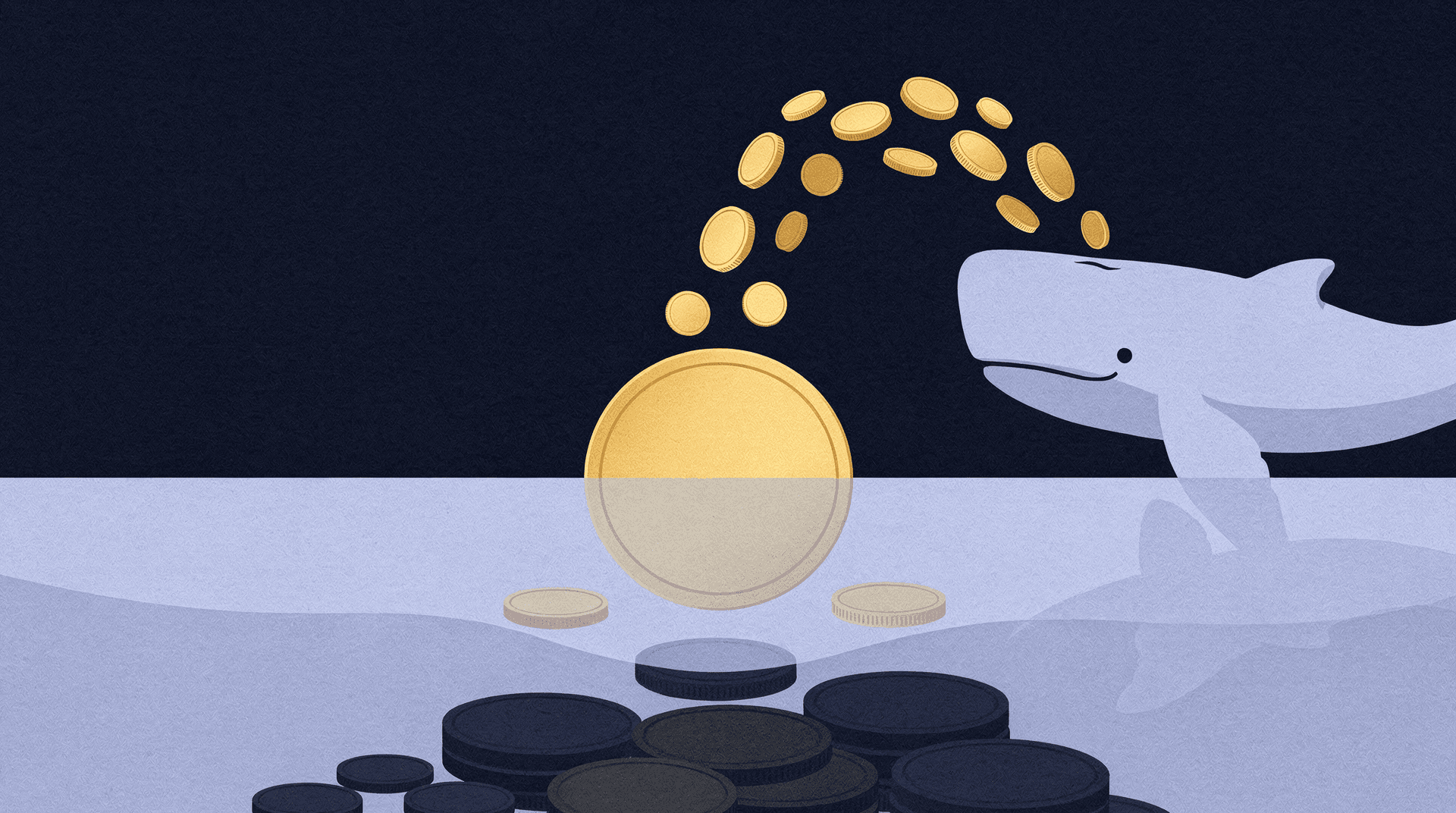 An illustration of a whale emerging from water, spouting golden coins upwards, with a large golden coin and smaller coins floating on the surface, and dark coins beneath the surface.