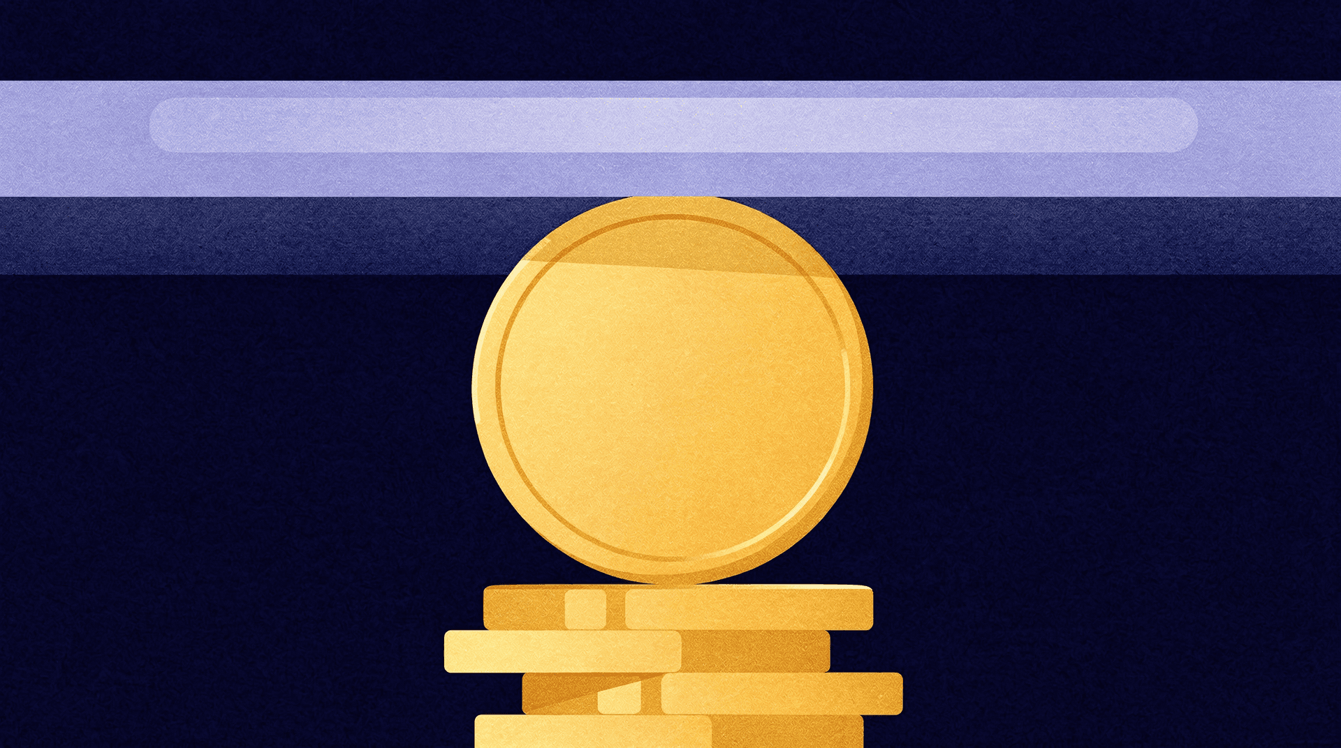An illustrative image shows a large golden coin balancing on a stack of smaller gold coins, with a light purple bar pressing down from above, all against a dark blue textured background.