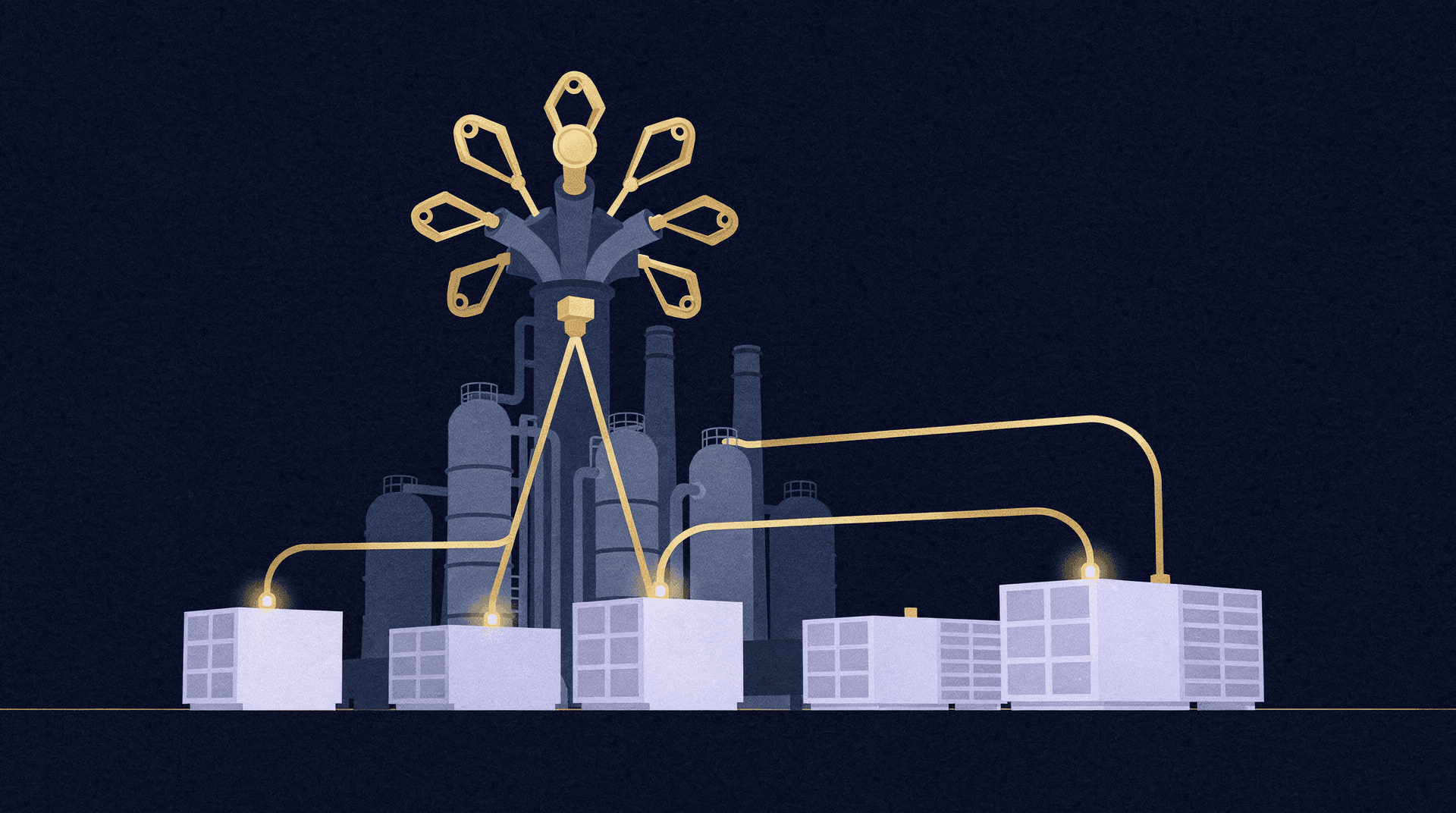 Editorial illustration: Industrial power facility fueling data centers on deep navy background